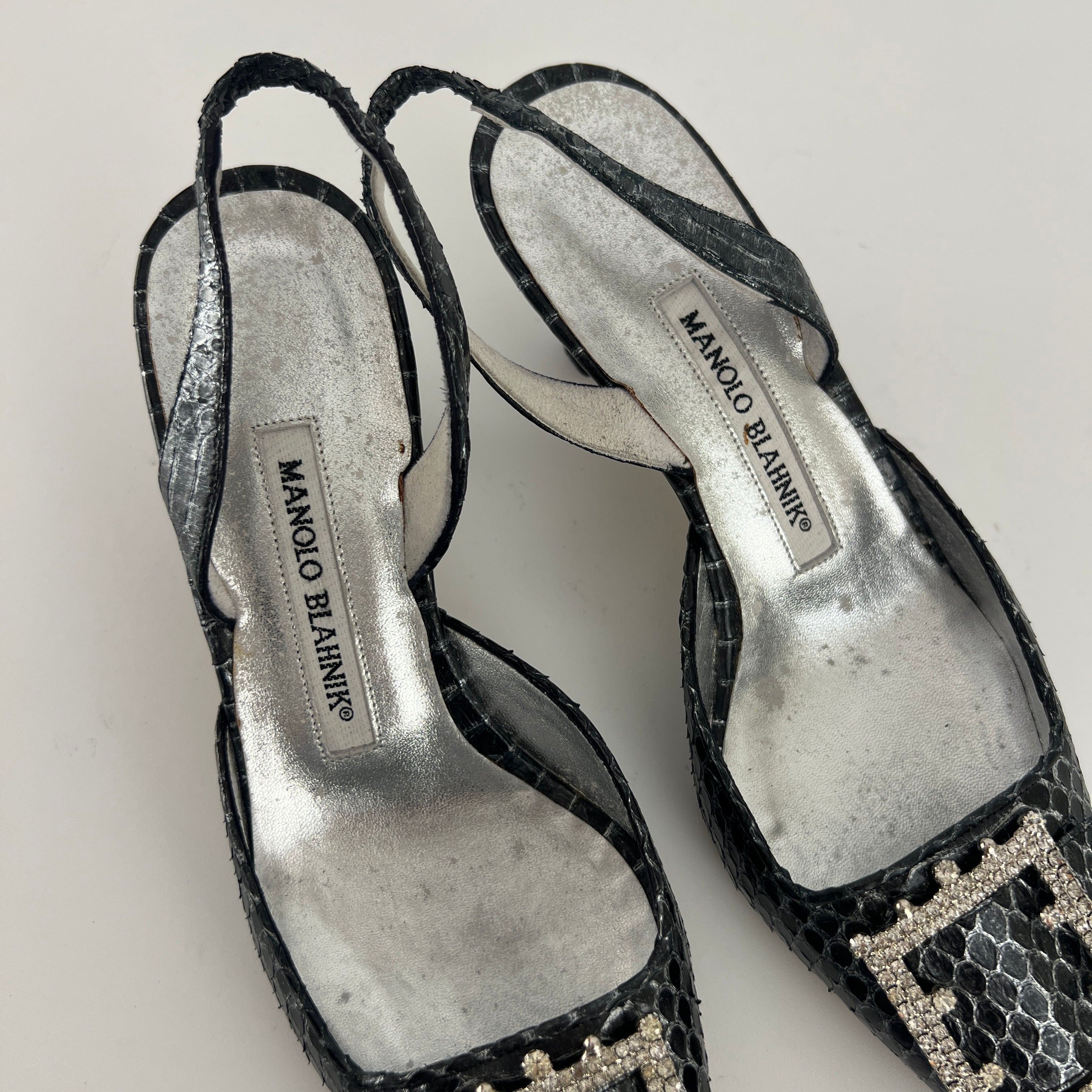 Manolo Blahnik | Vintage Snake Leather Jewel Buckle Pointed Toe Slingback Heels (36)