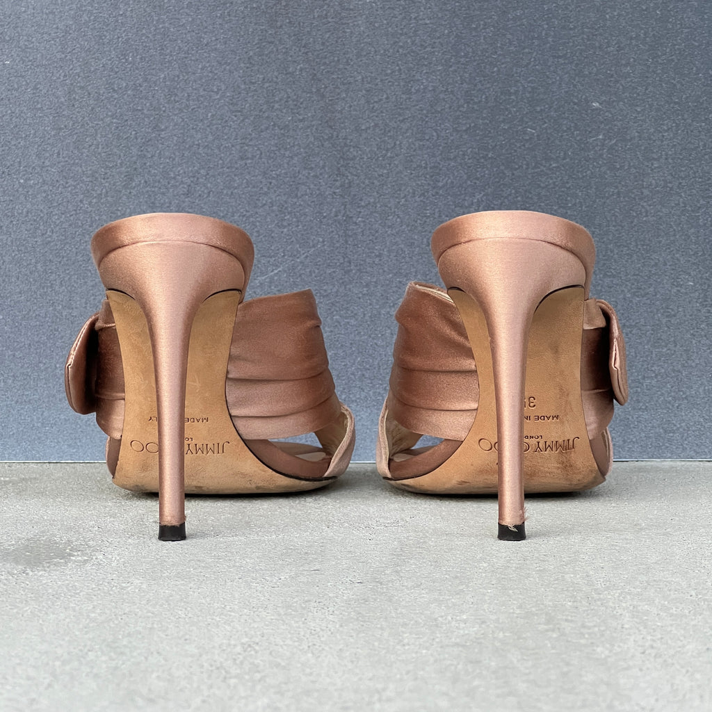 Jimmy Choo | Keely 100 Nude Dusty Rose Satin Twisted Knot Slide Mules (35)