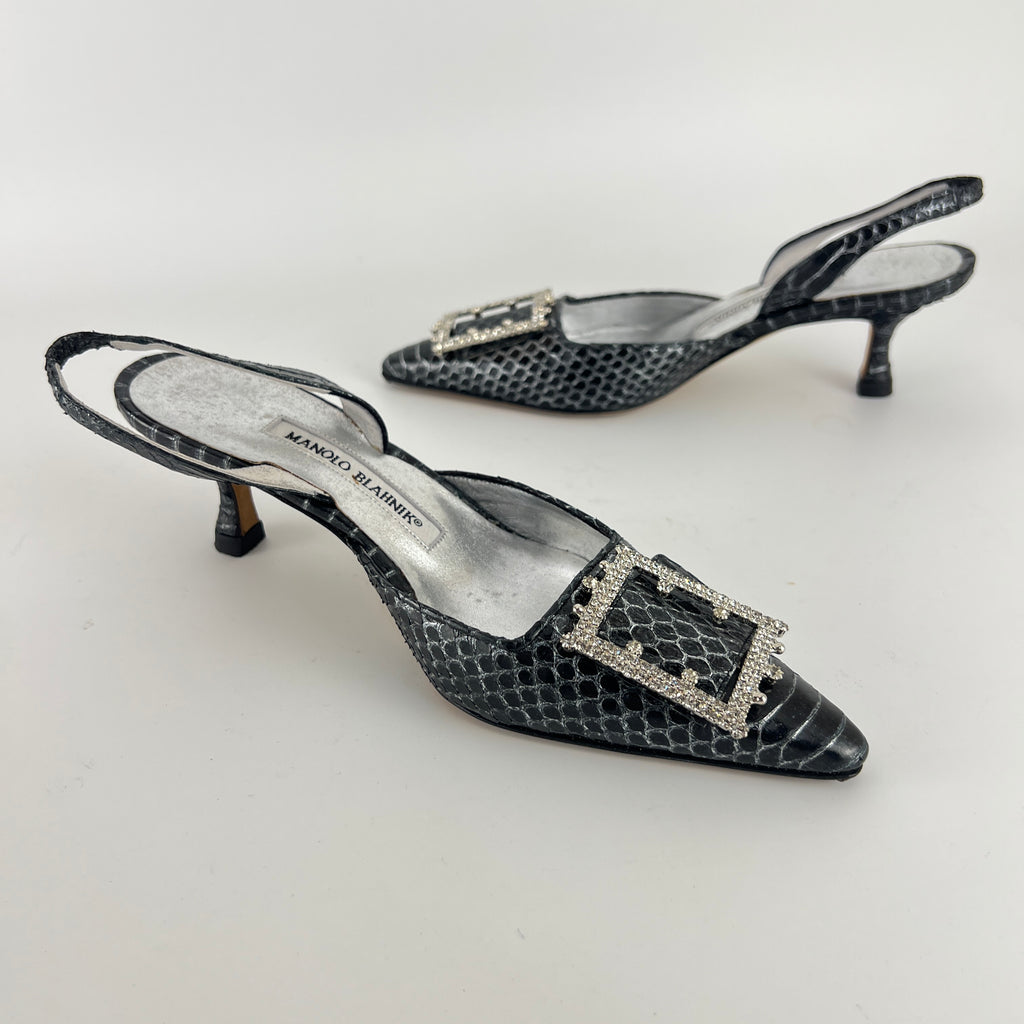 Manolo Blahnik | Vintage Snake Leather Jewel Buckle Pointed Toe Slingback Heels (36)