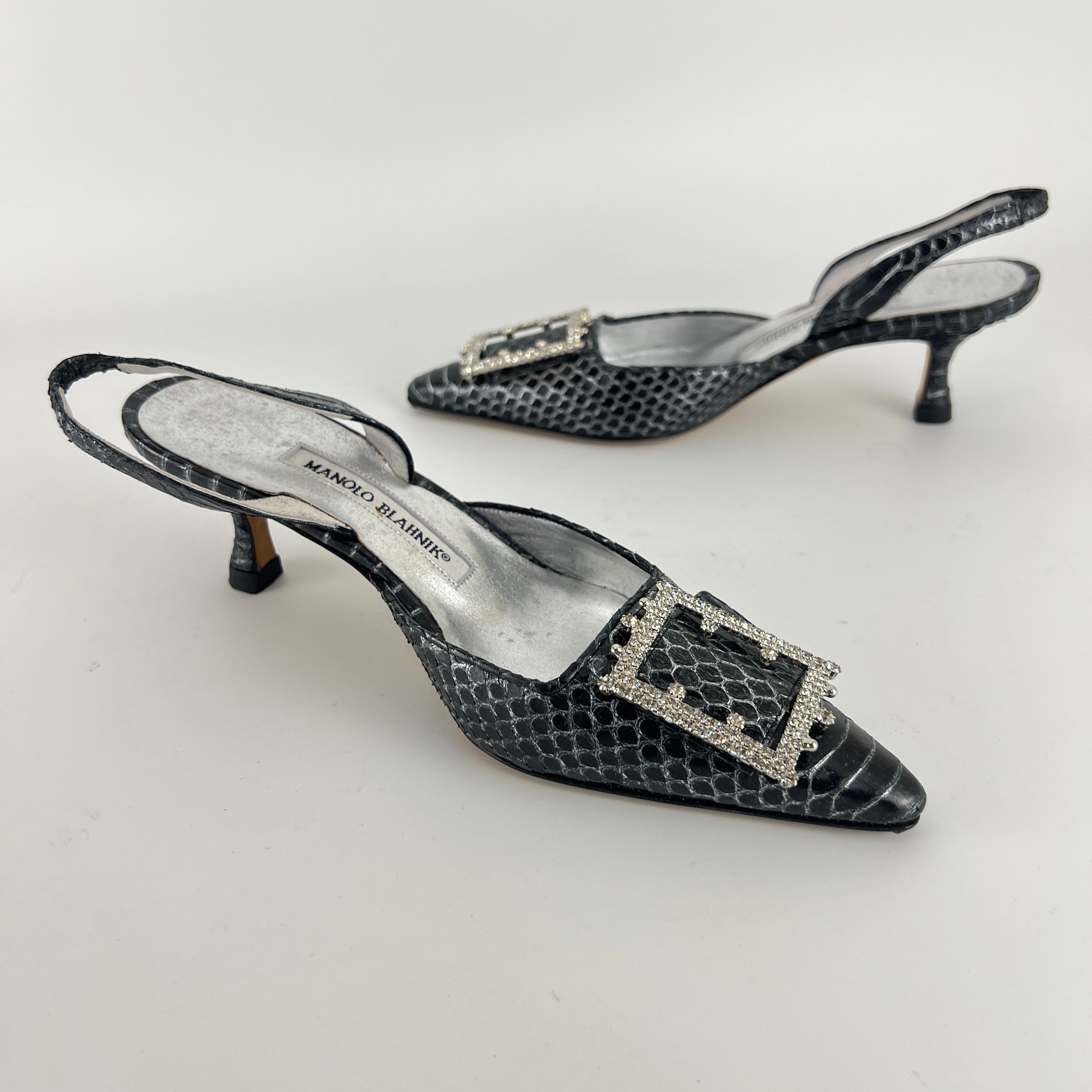 Manolo Blahnik | Vintage Snake Leather Jewel Buckle Pointed Toe Slingback Heels (36)