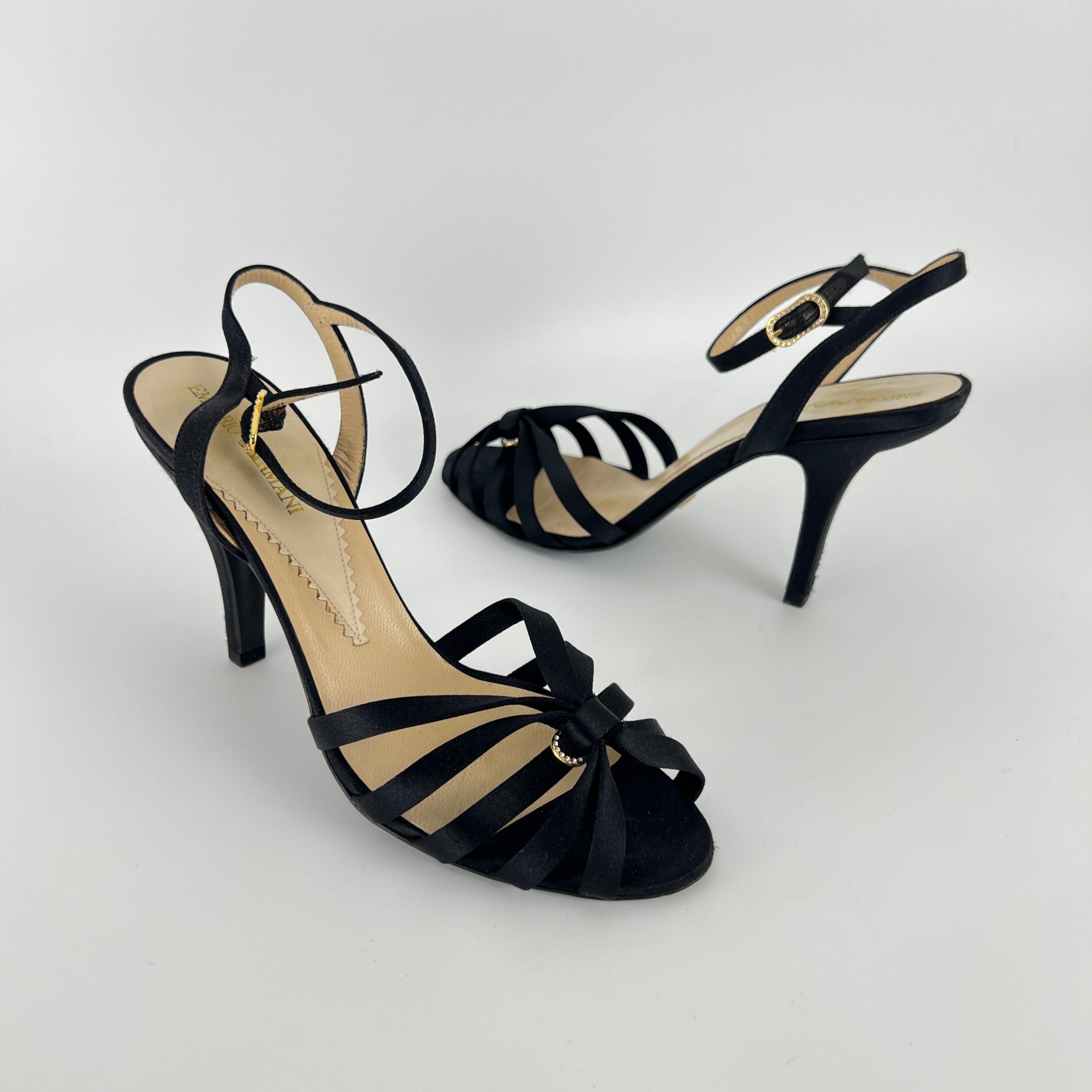 Armani | Black Satin Rhinestone Buckle Ankle Strap Sandal Stiletto Heels (38)