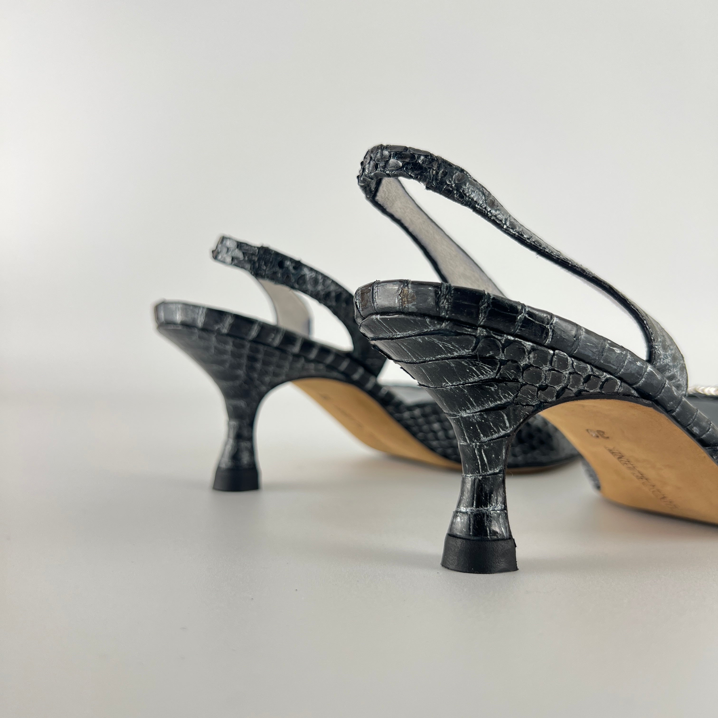 Manolo Blahnik | Vintage Snake Leather Jewel Buckle Pointed Toe Slingback Heels (36)