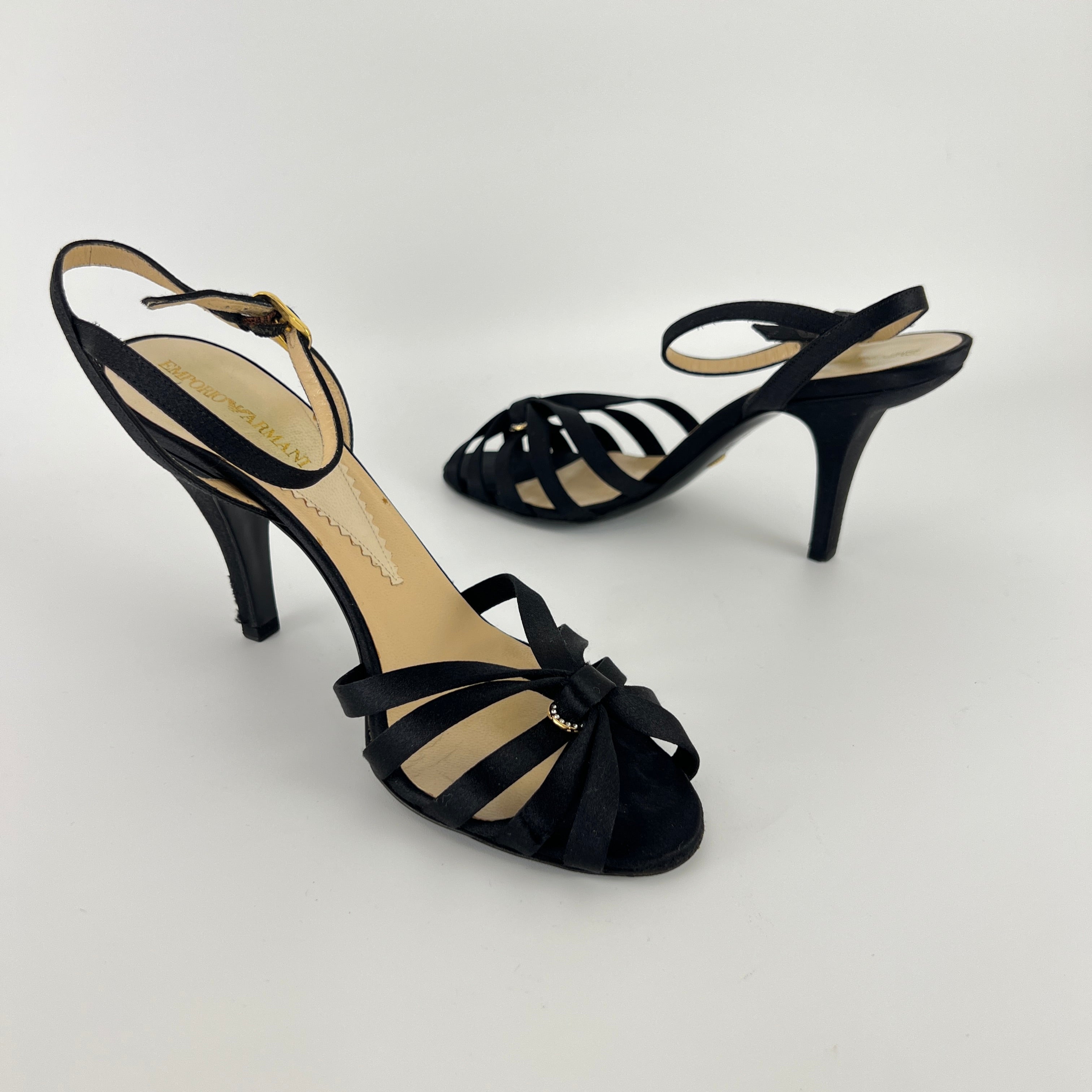 Armani | Black Satin Rhinestone Buckle Ankle Strap Sandal Stiletto Heels (38)