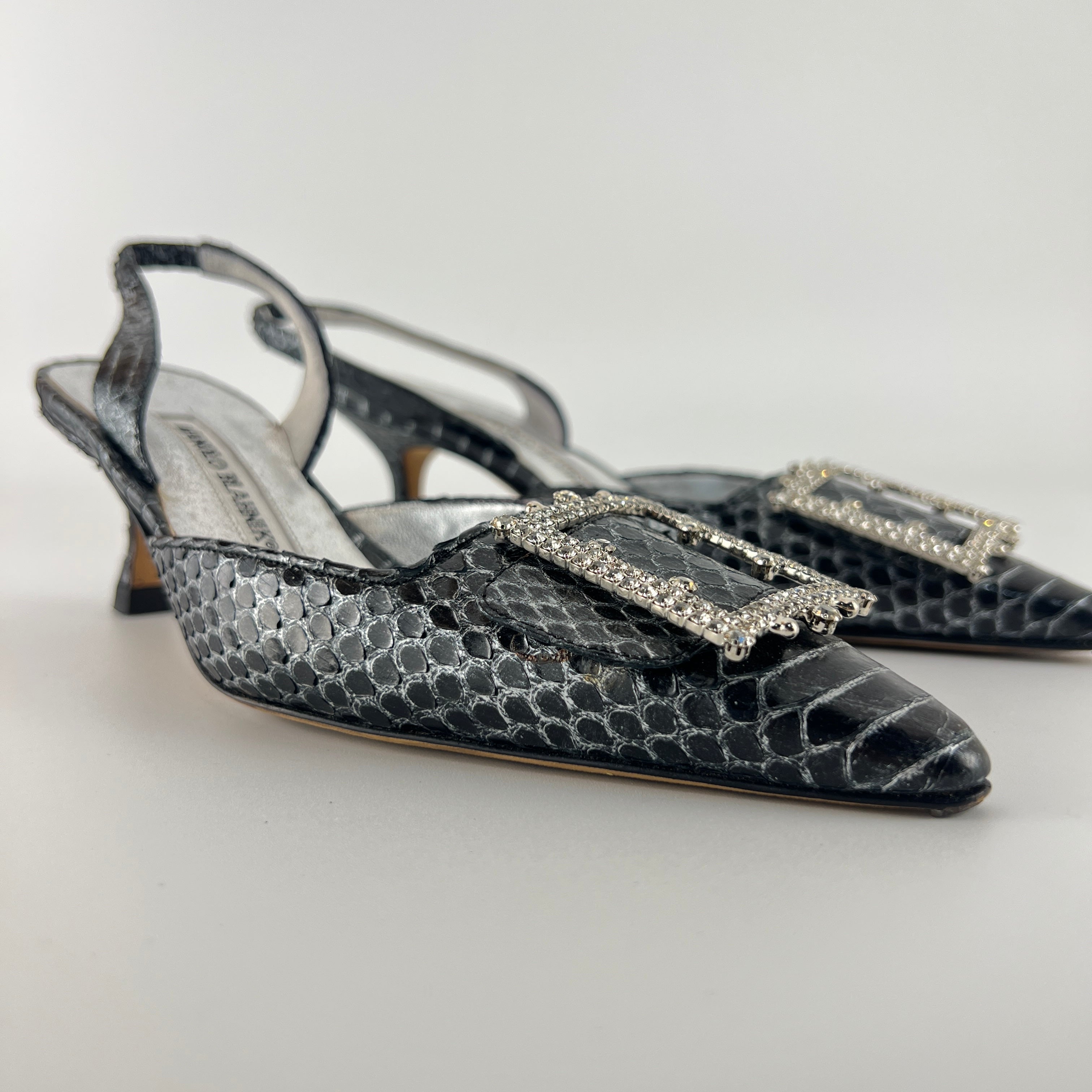 Manolo Blahnik | Vintage Snake Leather Jewel Buckle Pointed Toe Slingback Heels (36)