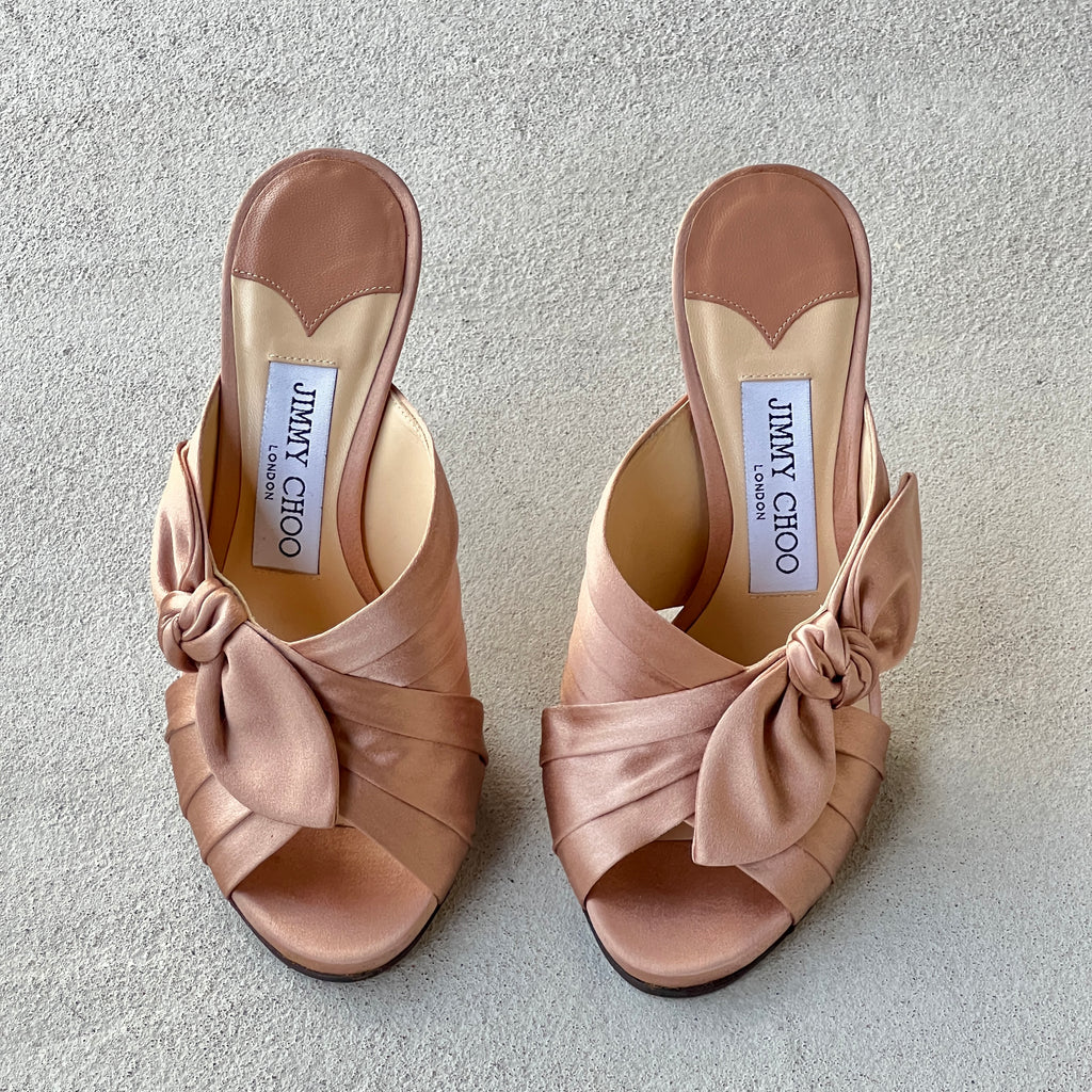 Jimmy Choo | Keely 100 Nude Dusty Rose Satin Twisted Knot Slide Mules (35)