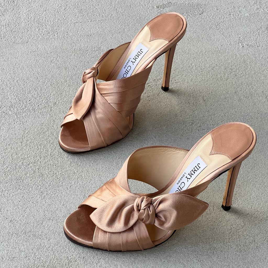 Jimmy Choo | Keely 100 Nude Dusty Rose Satin Twisted Knot Slide Mules (35)