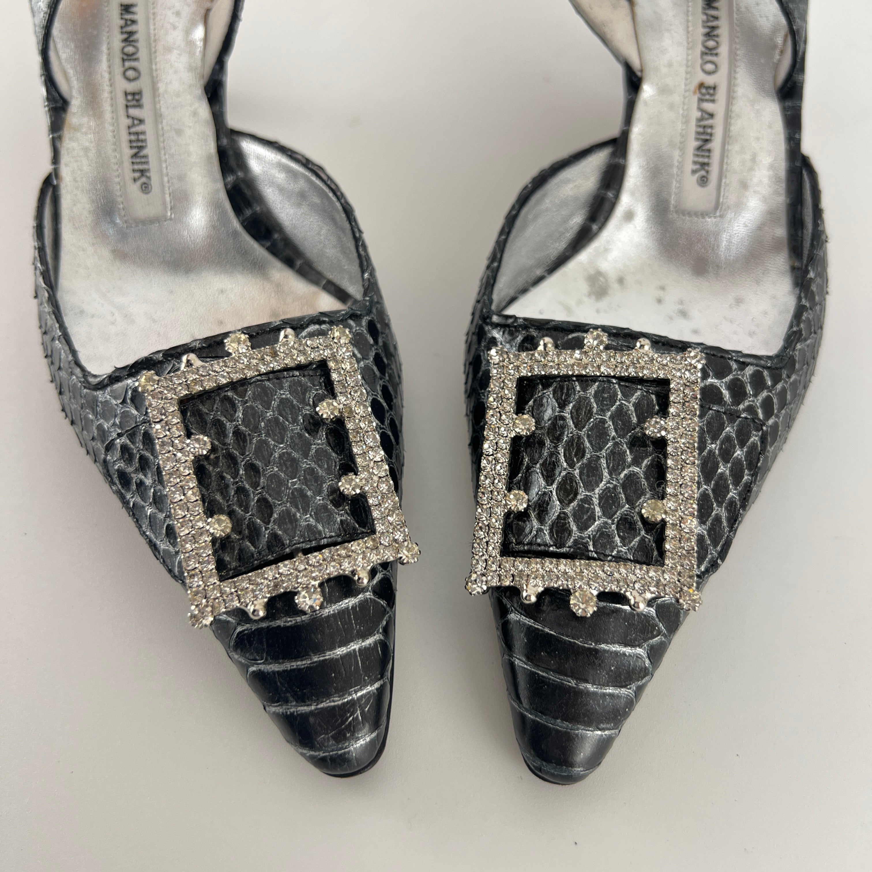 Manolo Blahnik | Vintage Snake Leather Jewel Buckle Pointed Toe Slingback Heels (36)