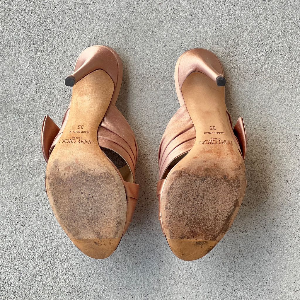 Jimmy Choo | Keely 100 Nude Dusty Rose Satin Twisted Knot Slide Mules (35)