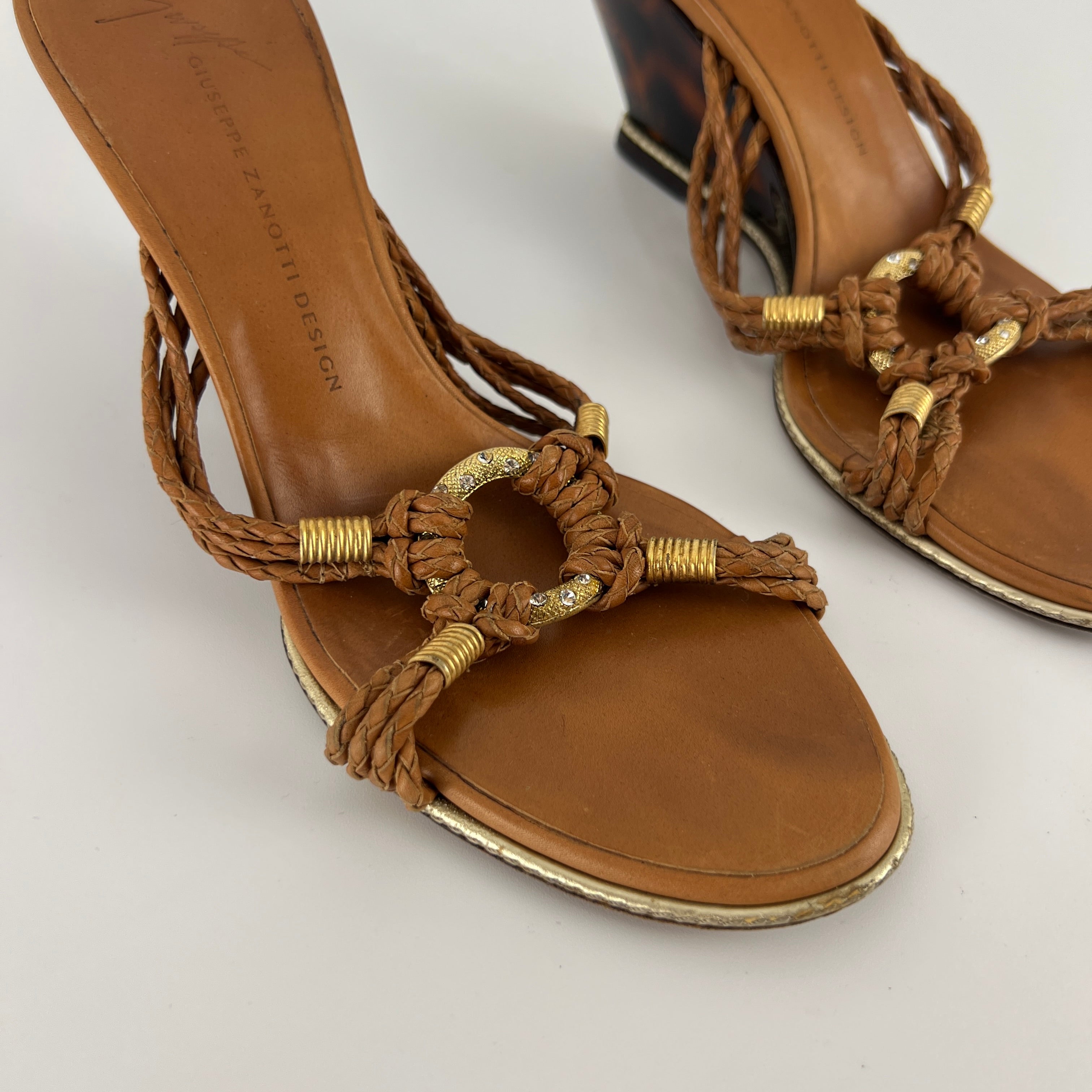 Giuseppe Zanotti | Brown Braid Gold Rhinestone Circle Sandal Wedge (36.5)