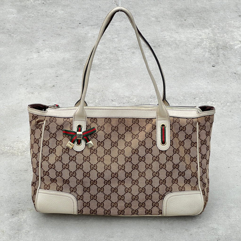 Gucci | Vintage GG Monogram Canvas Cream Leather Shoulder Bag Medium
