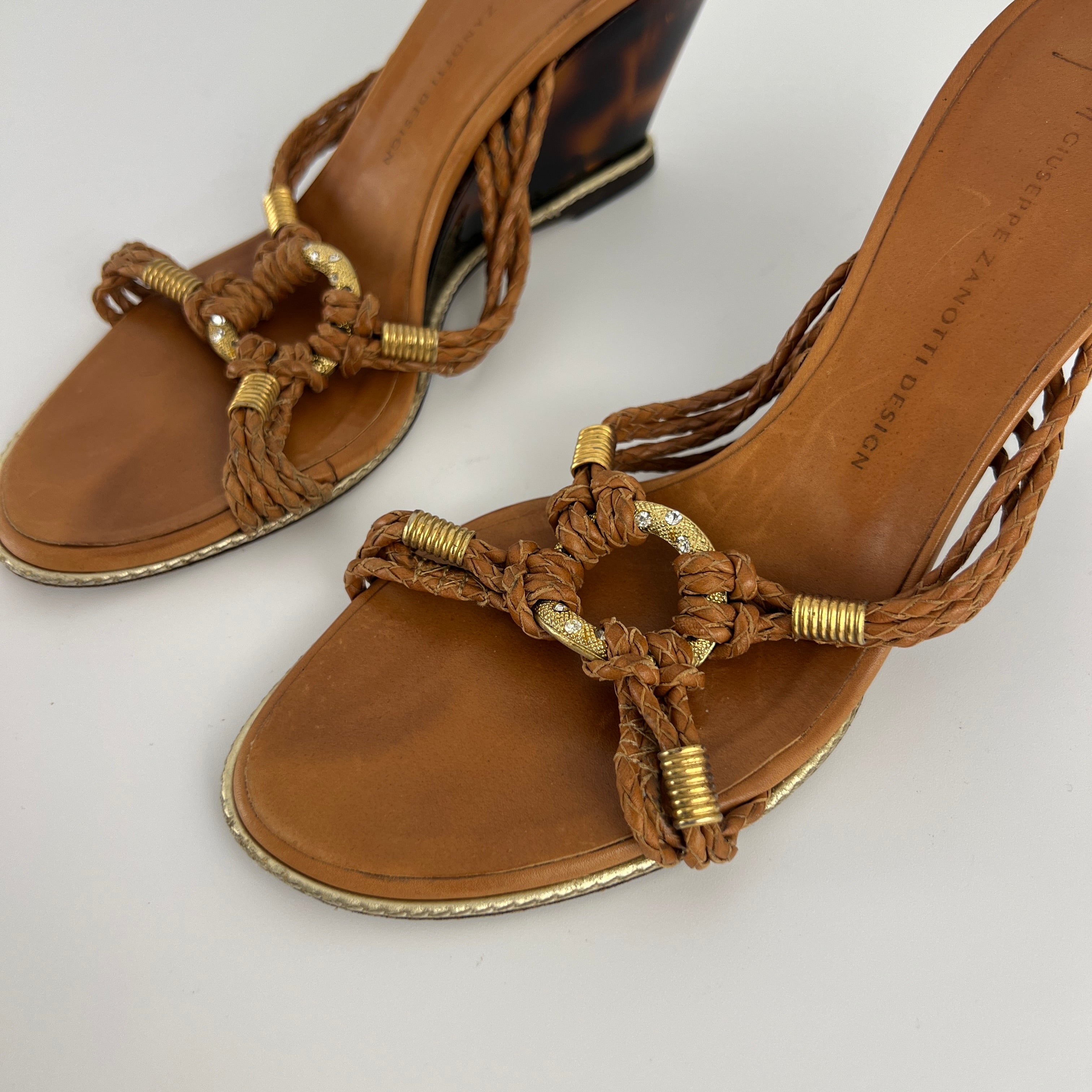 Giuseppe Zanotti | Brown Braid Gold Rhinestone Circle Sandal Wedge (36.5)