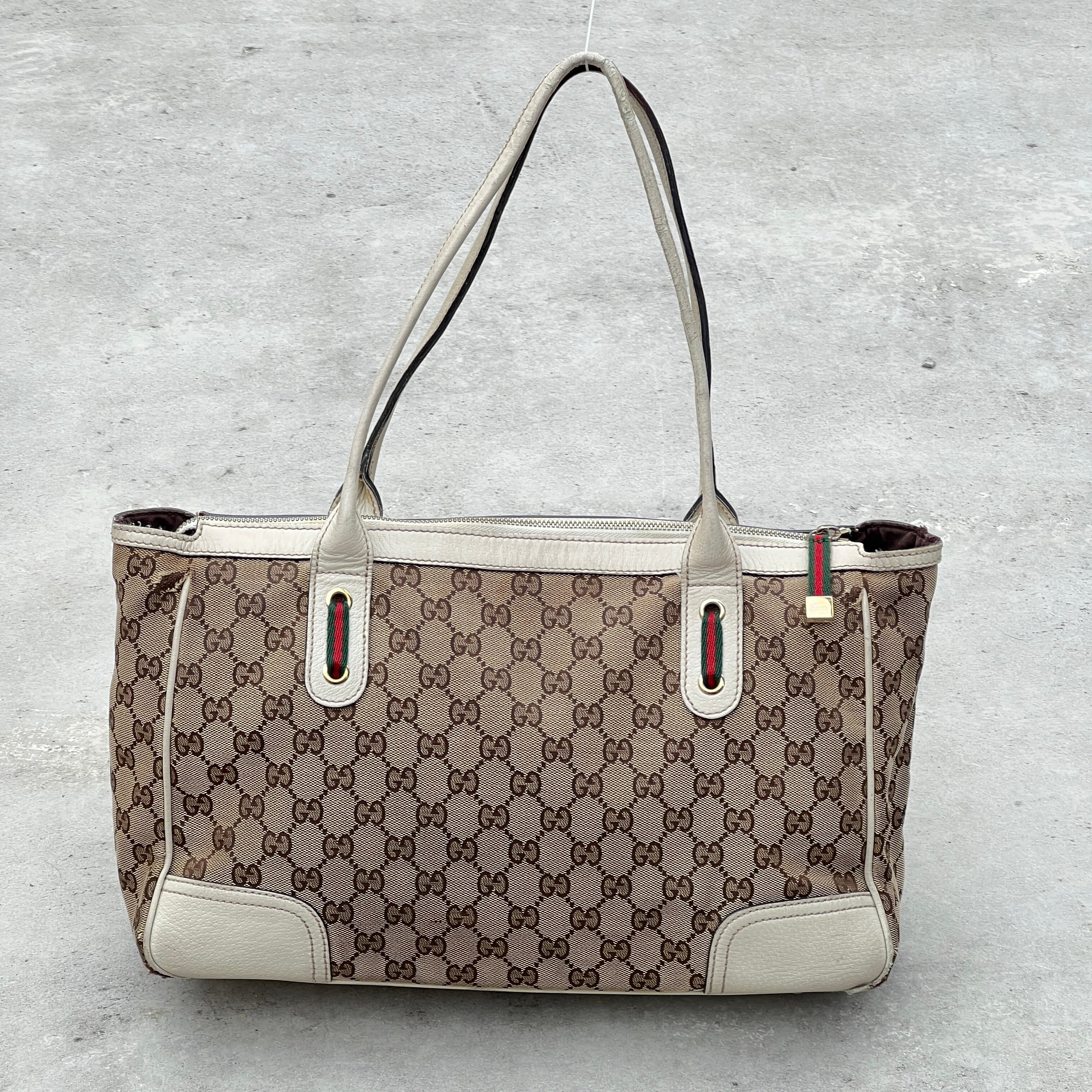 Gucci | Vintage GG Monogram Canvas Cream Leather Shoulder Bag Medium