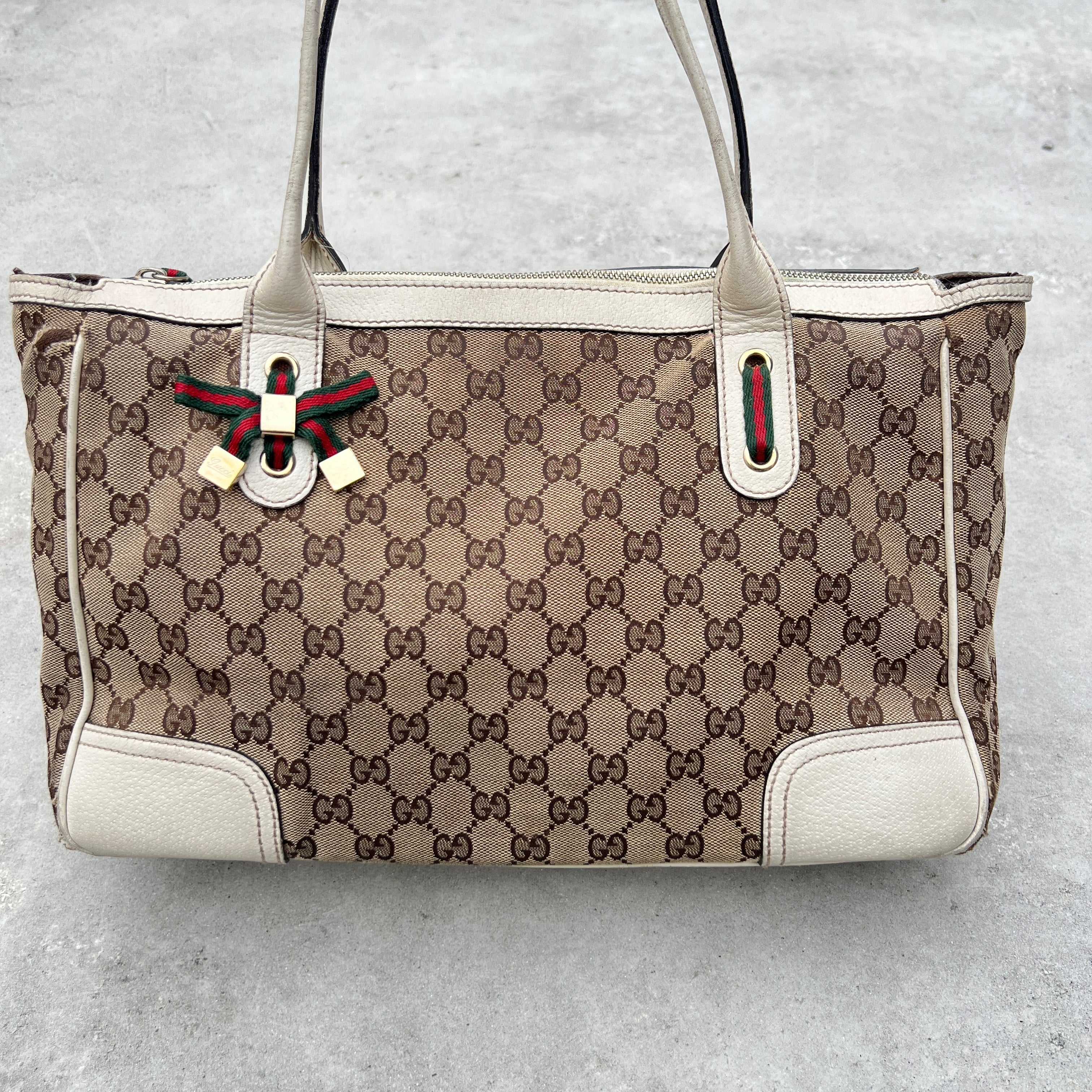 Gucci | Vintage GG Monogram Canvas Cream Leather Shoulder Bag Medium