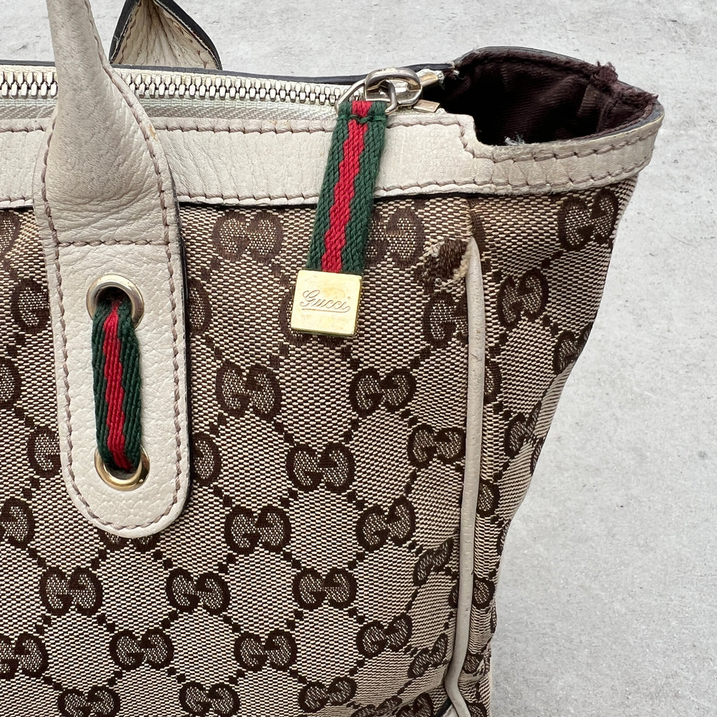 Gucci | Vintage GG Monogram Canvas Cream Leather Shoulder Bag Medium