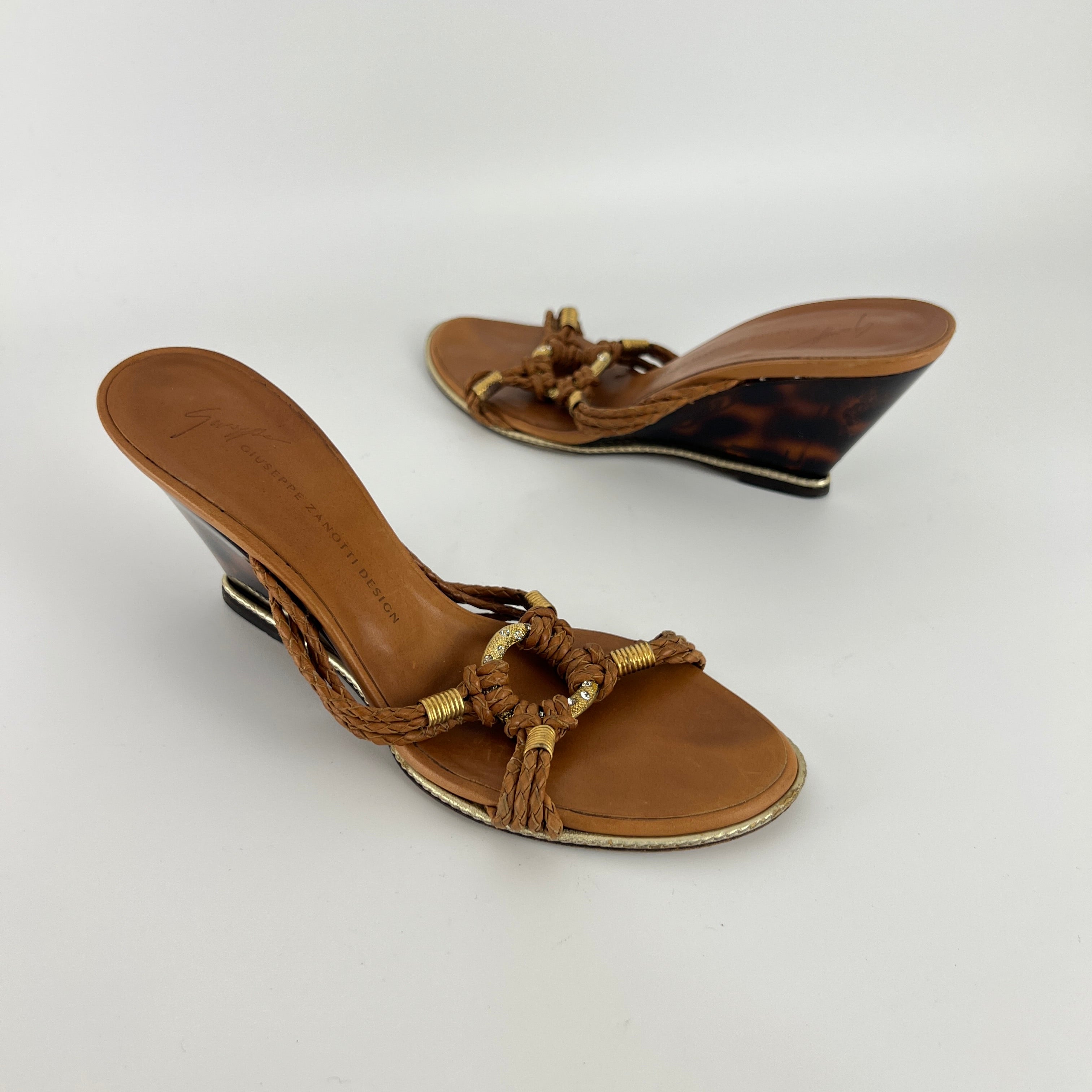 Giuseppe Zanotti | Brown Braid Gold Rhinestone Circle Sandal Wedge (36.5)
