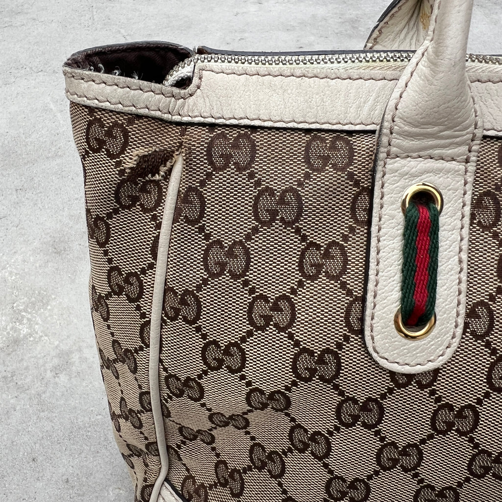 Gucci | Vintage GG Monogram Canvas Cream Leather Shoulder Bag Medium