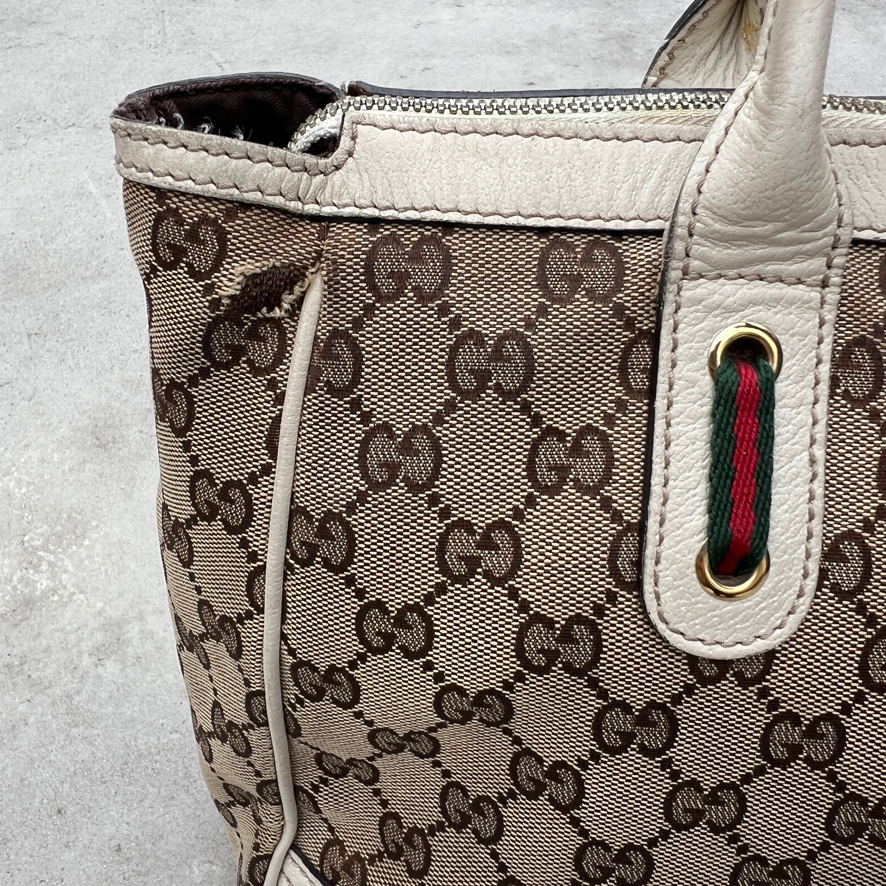 Gucci | Vintage GG Monogram Canvas Cream Leather Shoulder Bag Medium