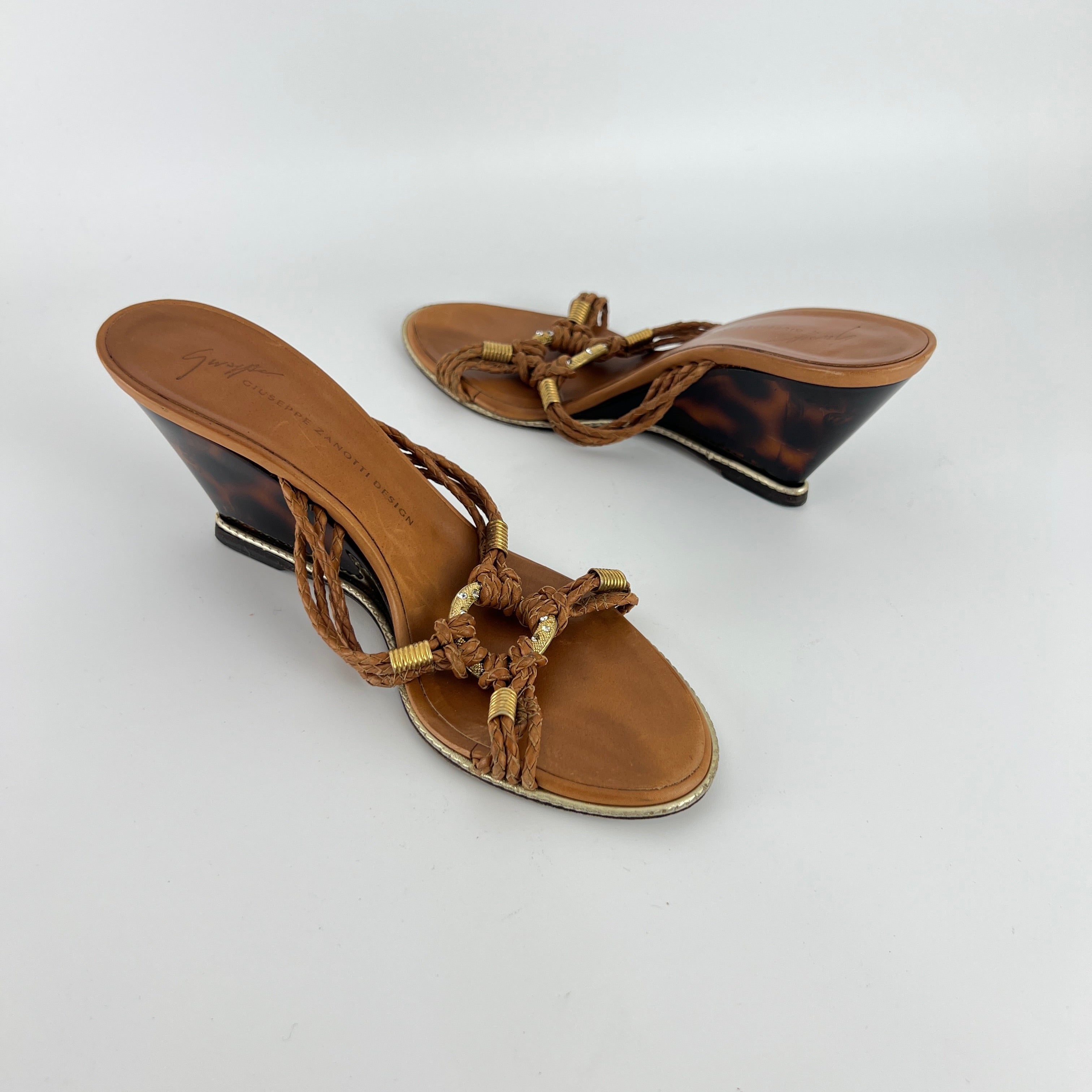 Giuseppe Zanotti | Brown Braid Gold Rhinestone Circle Sandal Wedge (36.5)