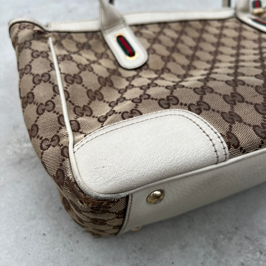 Gucci | Vintage GG Monogram Canvas Cream Leather Shoulder Bag Medium
