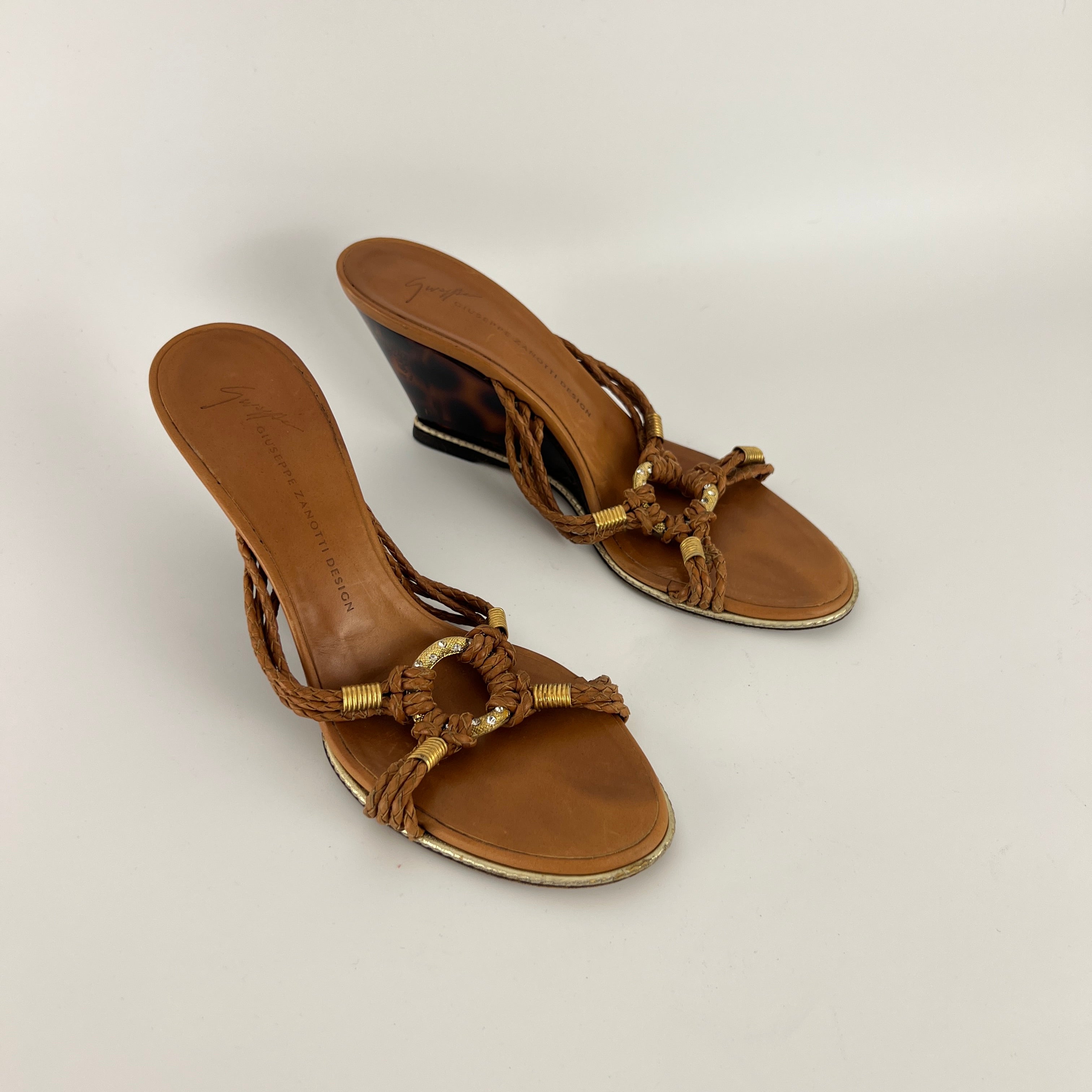 Giuseppe Zanotti | Brown Braid Gold Rhinestone Circle Sandal Wedge (36.5)