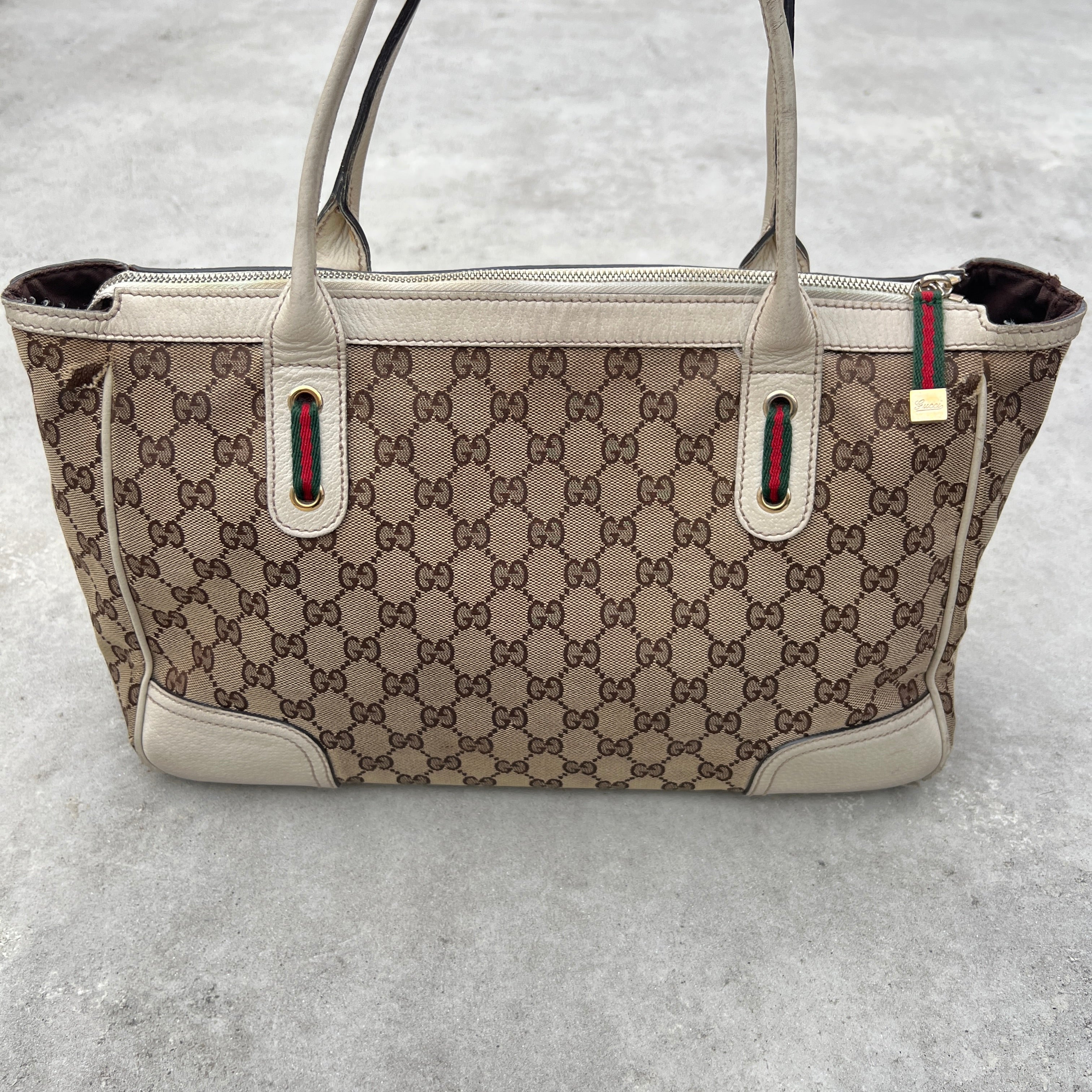 Gucci | Vintage GG Monogram Canvas Cream Leather Shoulder Bag Medium