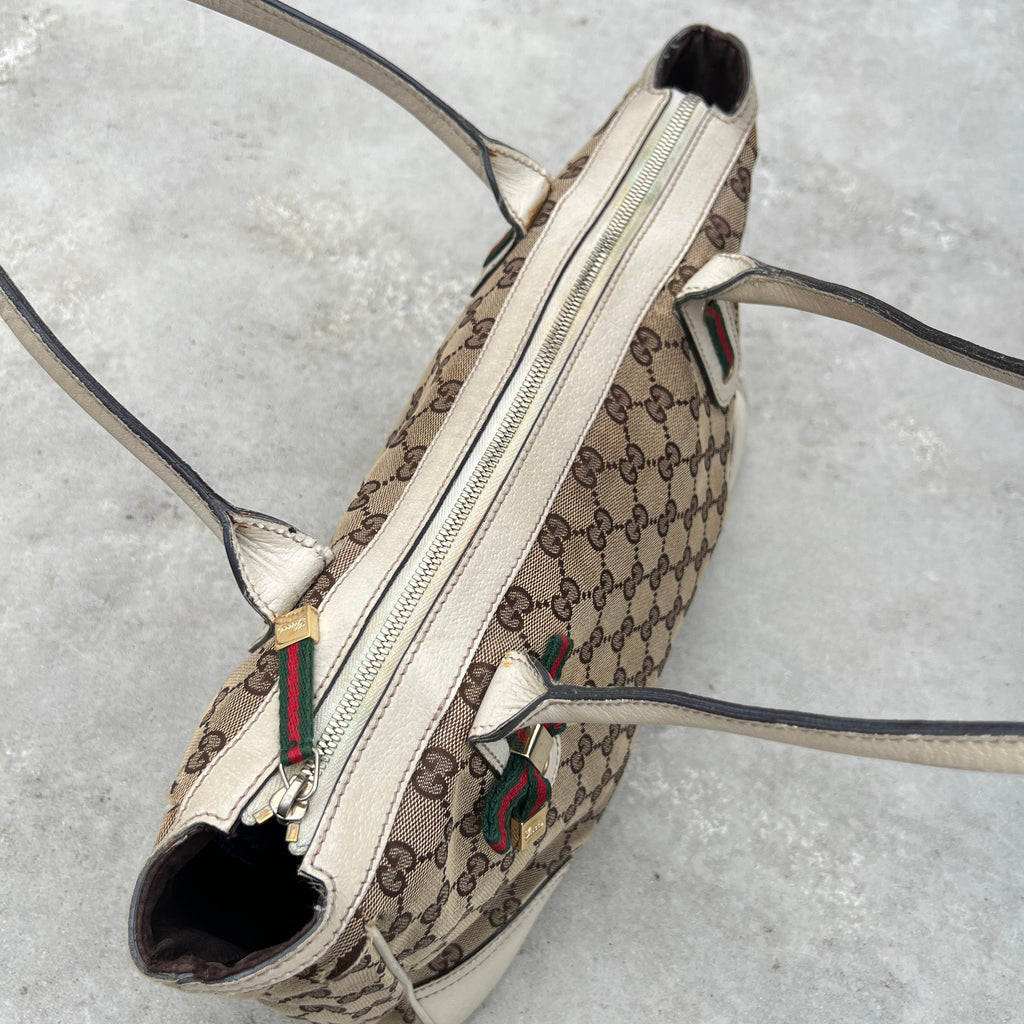 Gucci | Vintage GG Monogram Canvas Cream Leather Shoulder Bag Medium