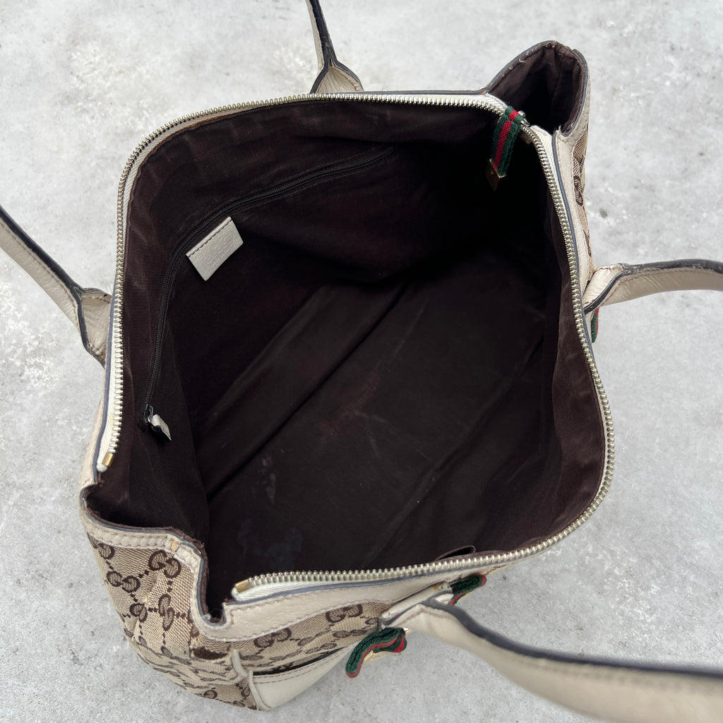 Gucci | Vintage GG Monogram Canvas Cream Leather Shoulder Bag Medium