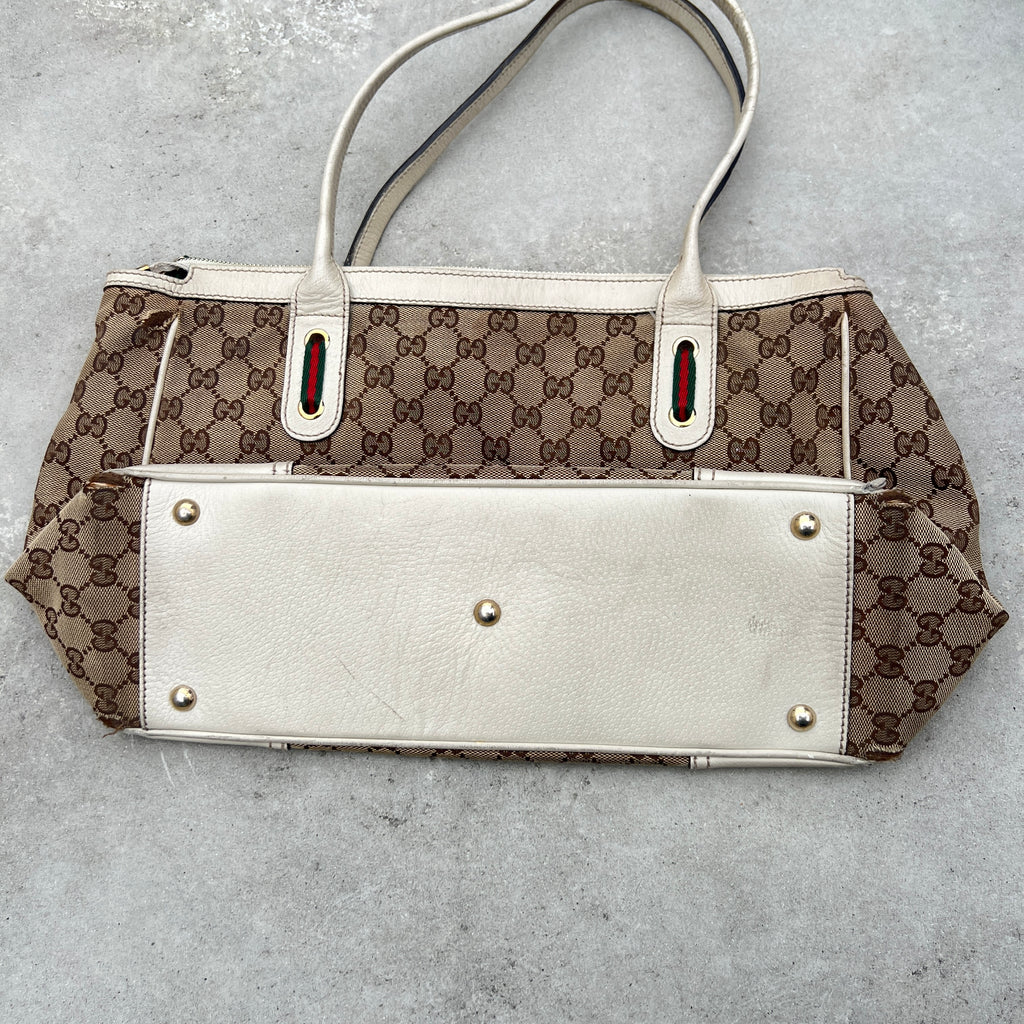 Gucci | Vintage GG Monogram Canvas Cream Leather Shoulder Bag Medium