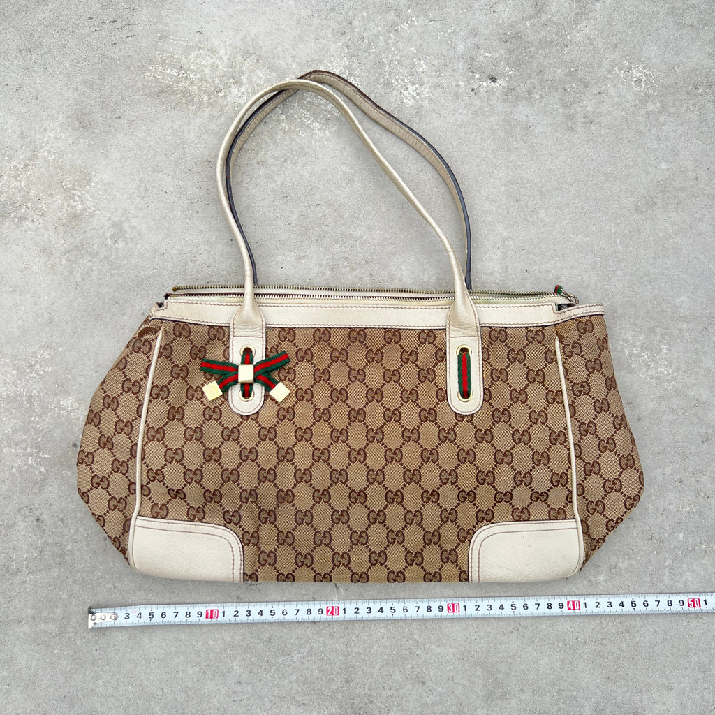 Gucci | Vintage GG Monogram Canvas Cream Leather Shoulder Bag Medium