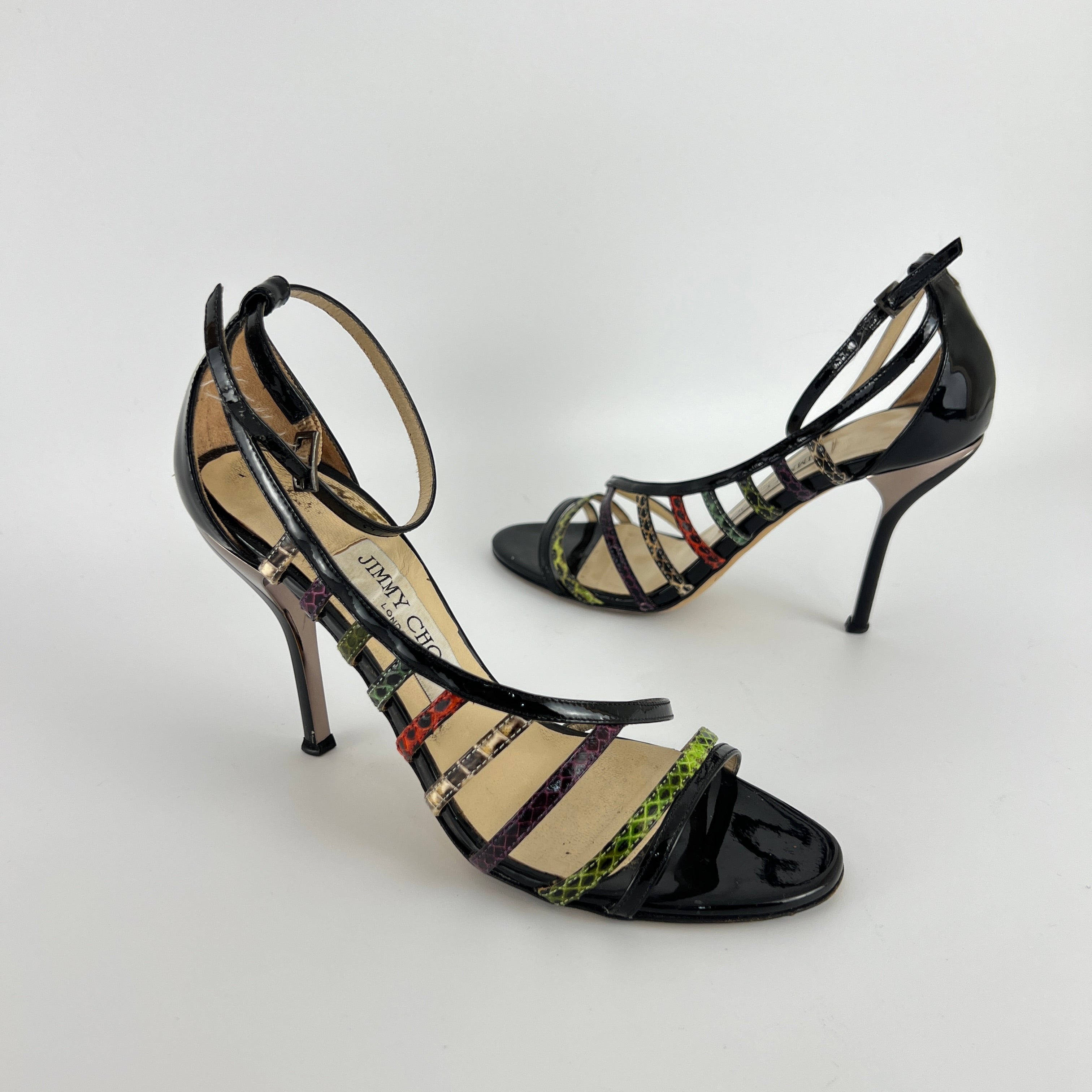 Jimmy Choo | Delta Vuka Black Patent Leather Snake Mulitcolor Strap Heels (36.5)
