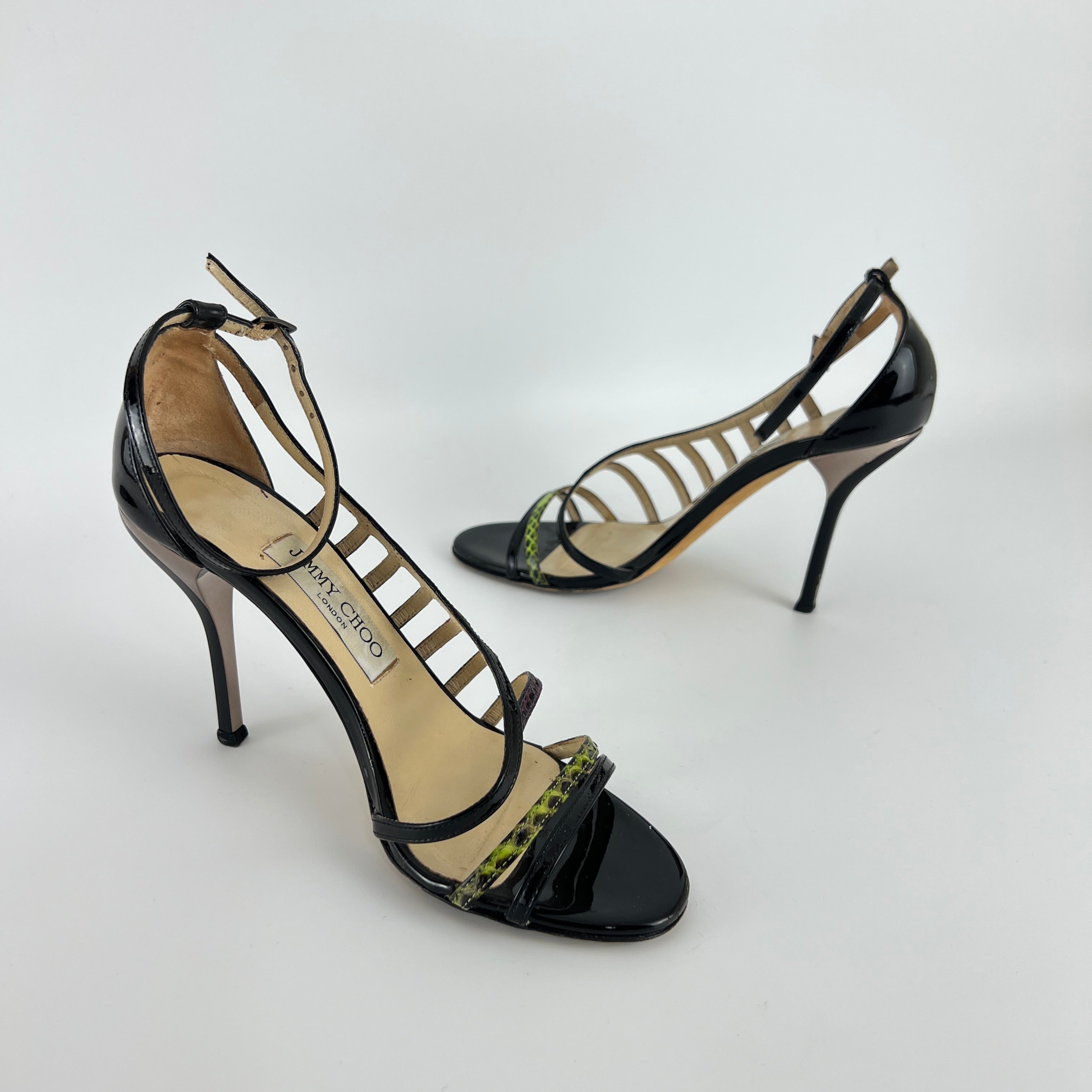 Jimmy Choo | Delta Vuka Black Patent Leather Snake Mulitcolor Strap Heels (36.5)