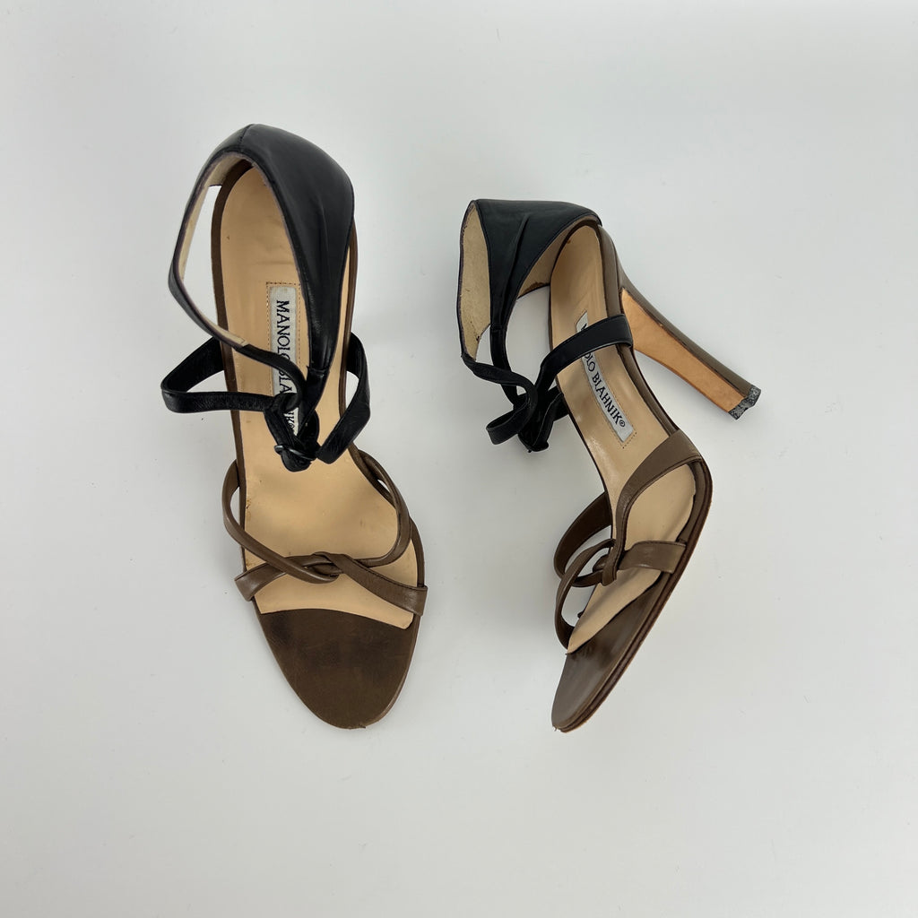 Manolo Blahnik | Black Brown Two Tone Ankle Strap Wrap Buckle Heels (36)