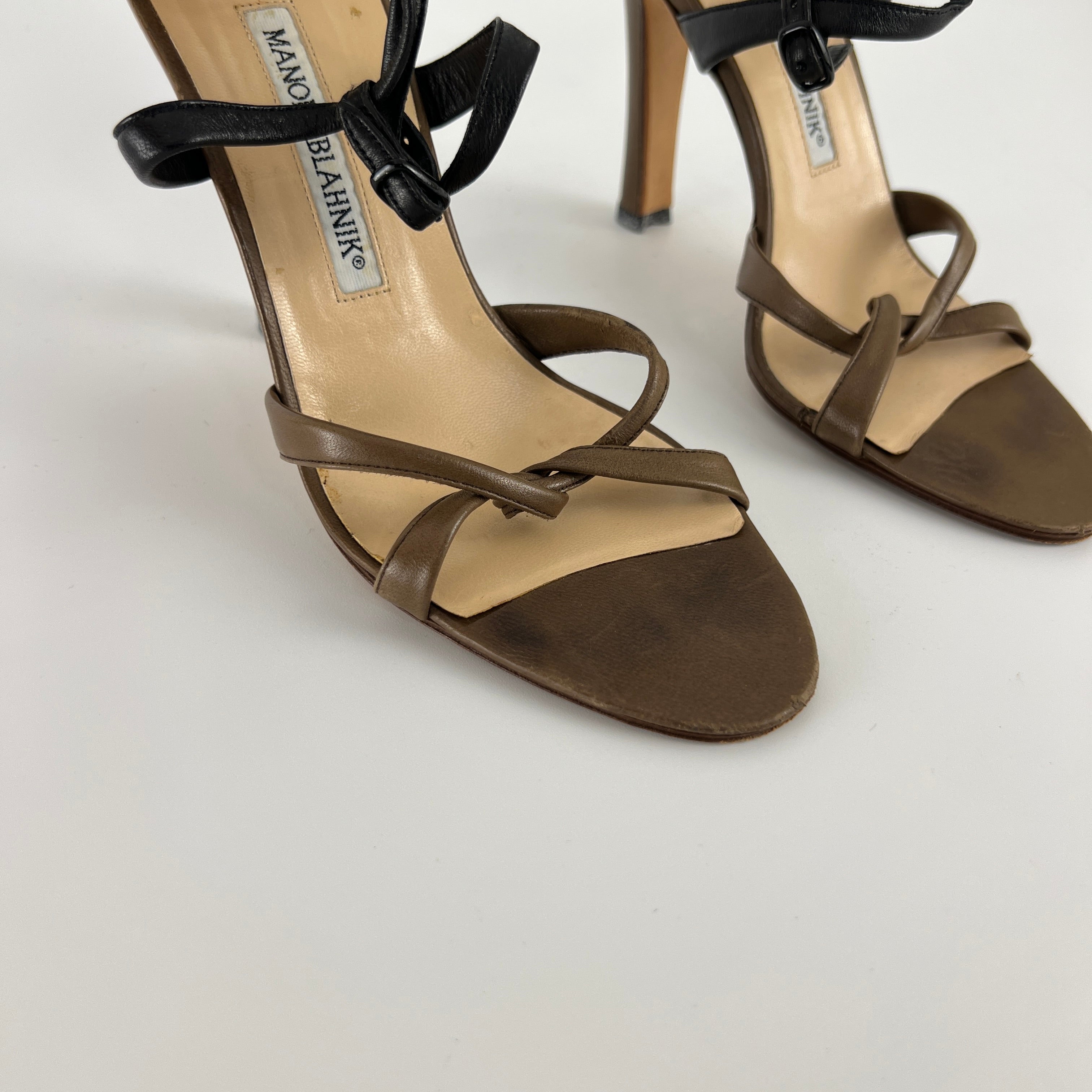 Manolo Blahnik | Black Brown Two Tone Ankle Strap Wrap Buckle Heels (36)
