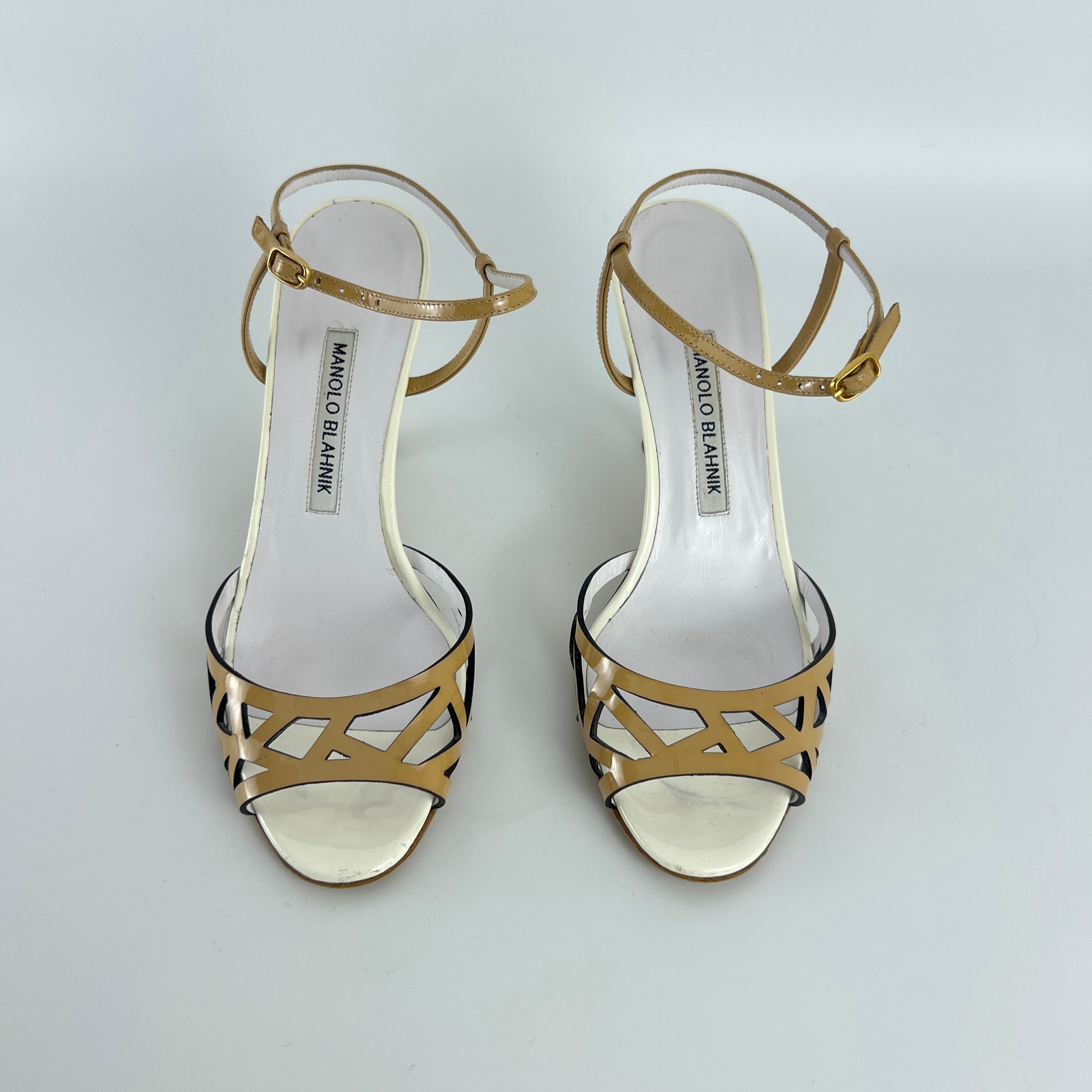 Manolo Blahnik | Nude Tan Leather Ankle Strap White Stiletto Heels (37)