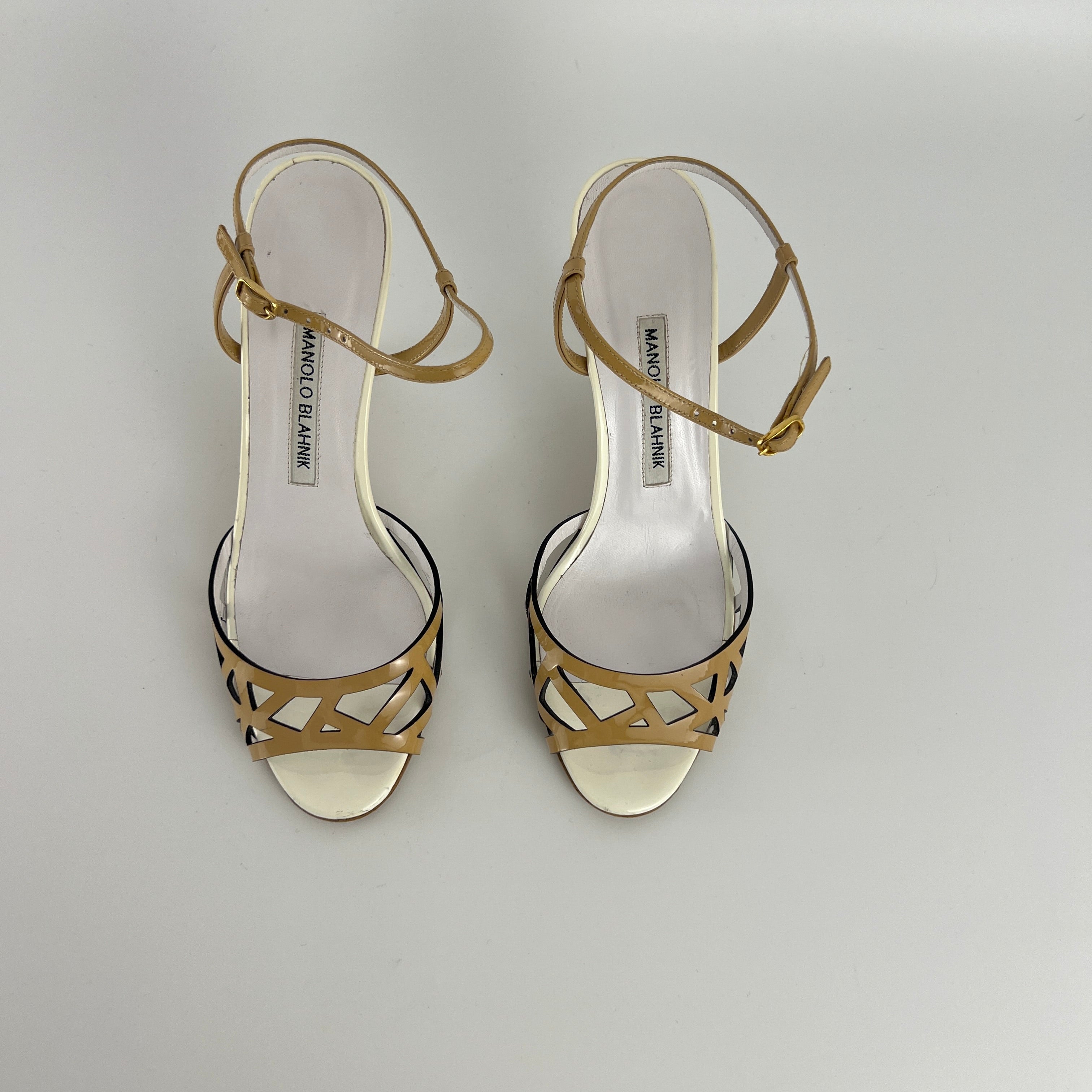 Manolo Blahnik | Nude Tan Leather Ankle Strap White Stiletto Heels (37)
