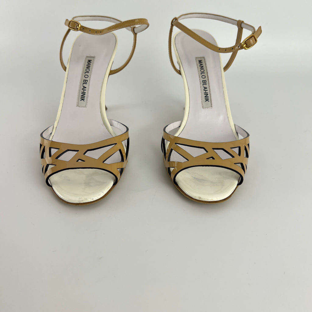 Manolo Blahnik | Nude Tan Leather Ankle Strap White Stiletto Heels (37)
