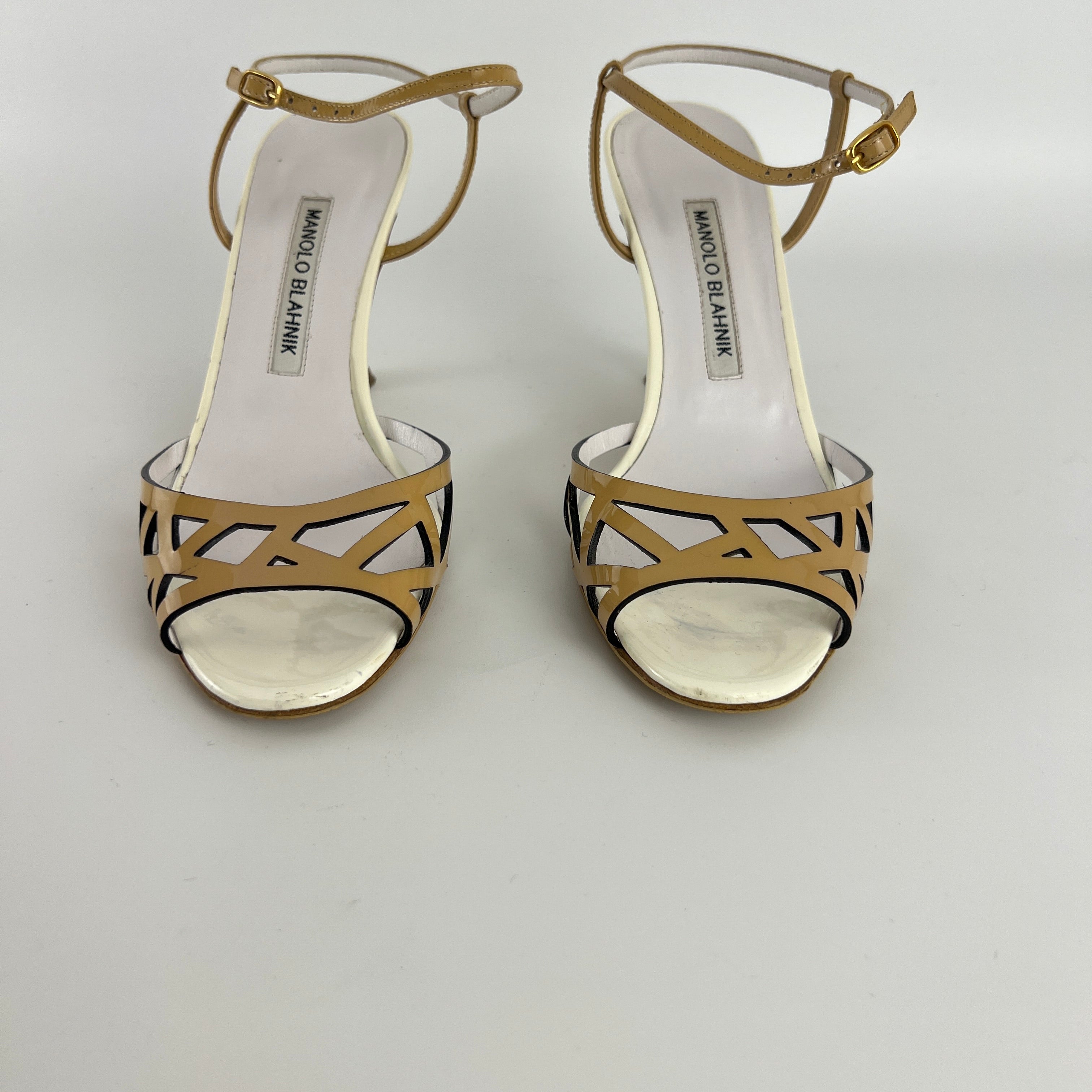Manolo Blahnik | Nude Tan Leather Ankle Strap White Stiletto Heels (37)