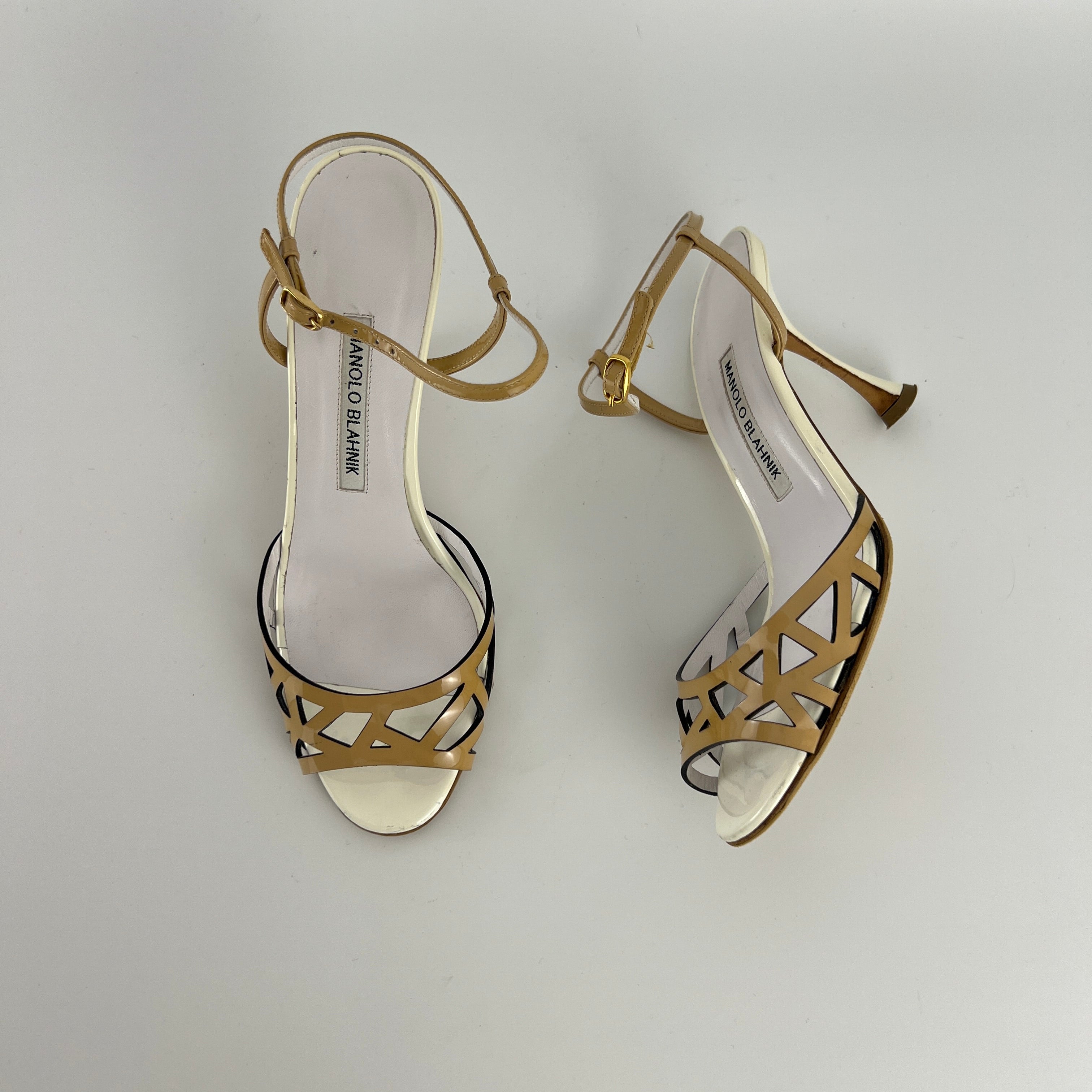 Manolo Blahnik | Nude Tan Leather Ankle Strap White Stiletto Heels (37)
