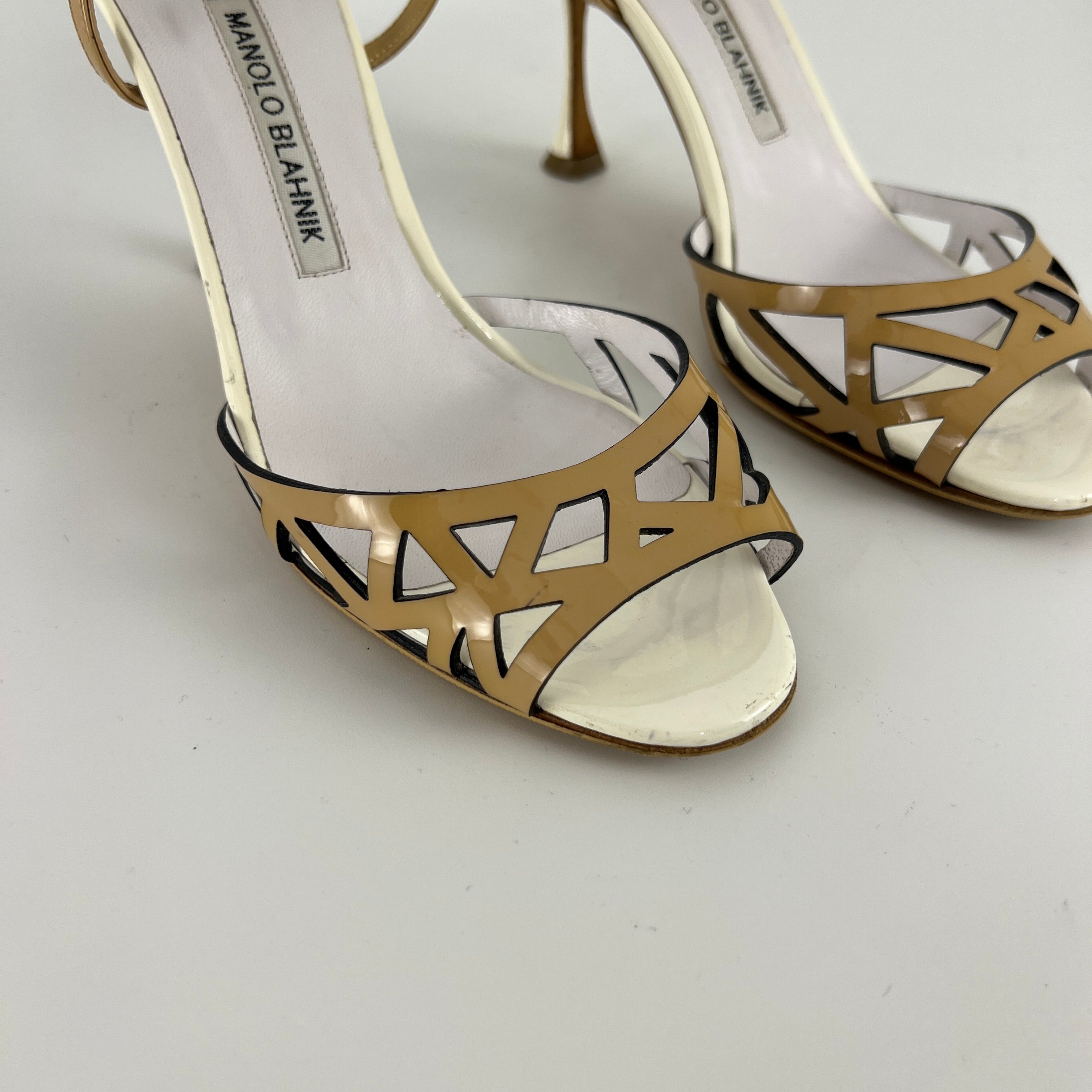 Manolo Blahnik | Nude Tan Leather Ankle Strap White Stiletto Heels (37)