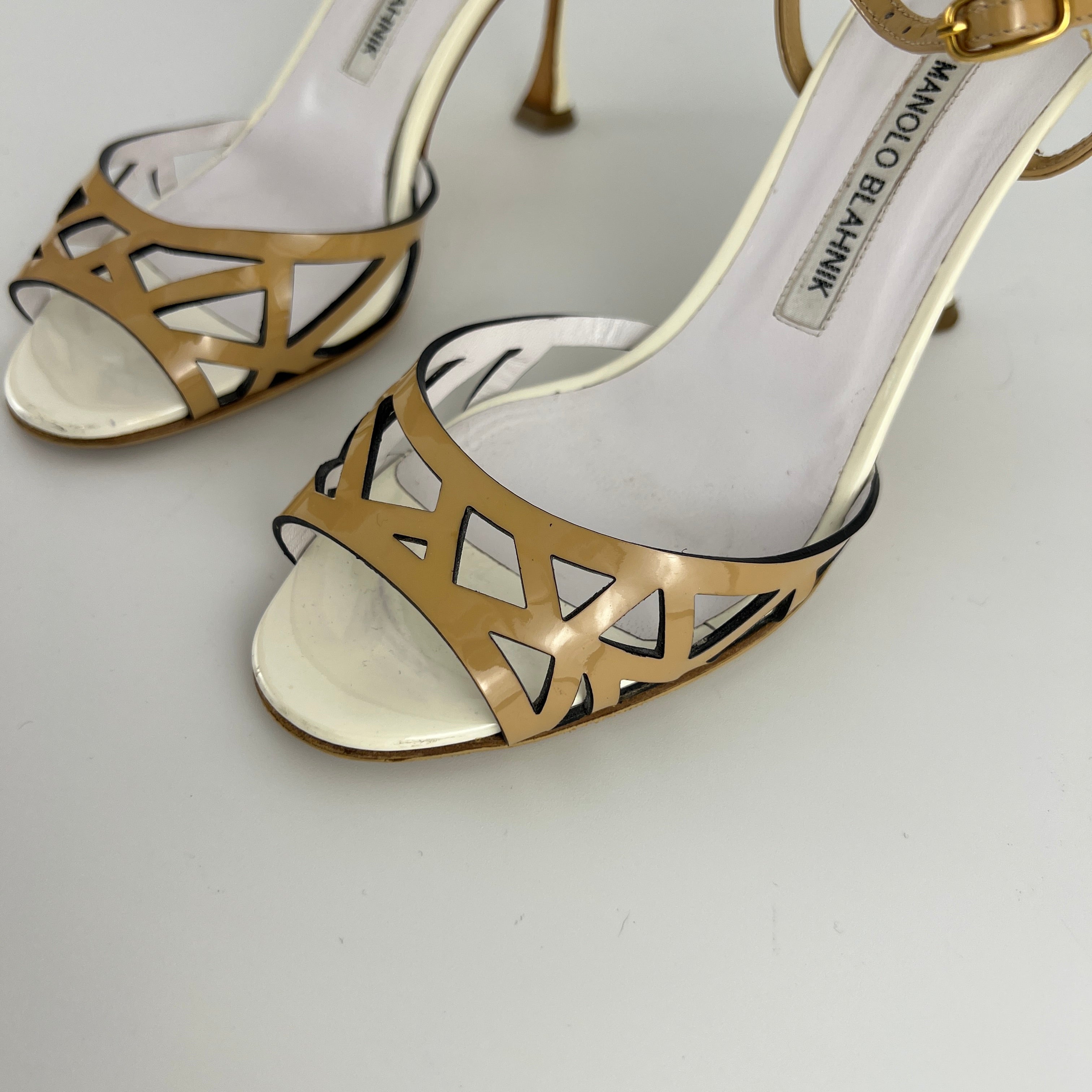 Manolo Blahnik | Nude Tan Leather Ankle Strap White Stiletto Heels (37)