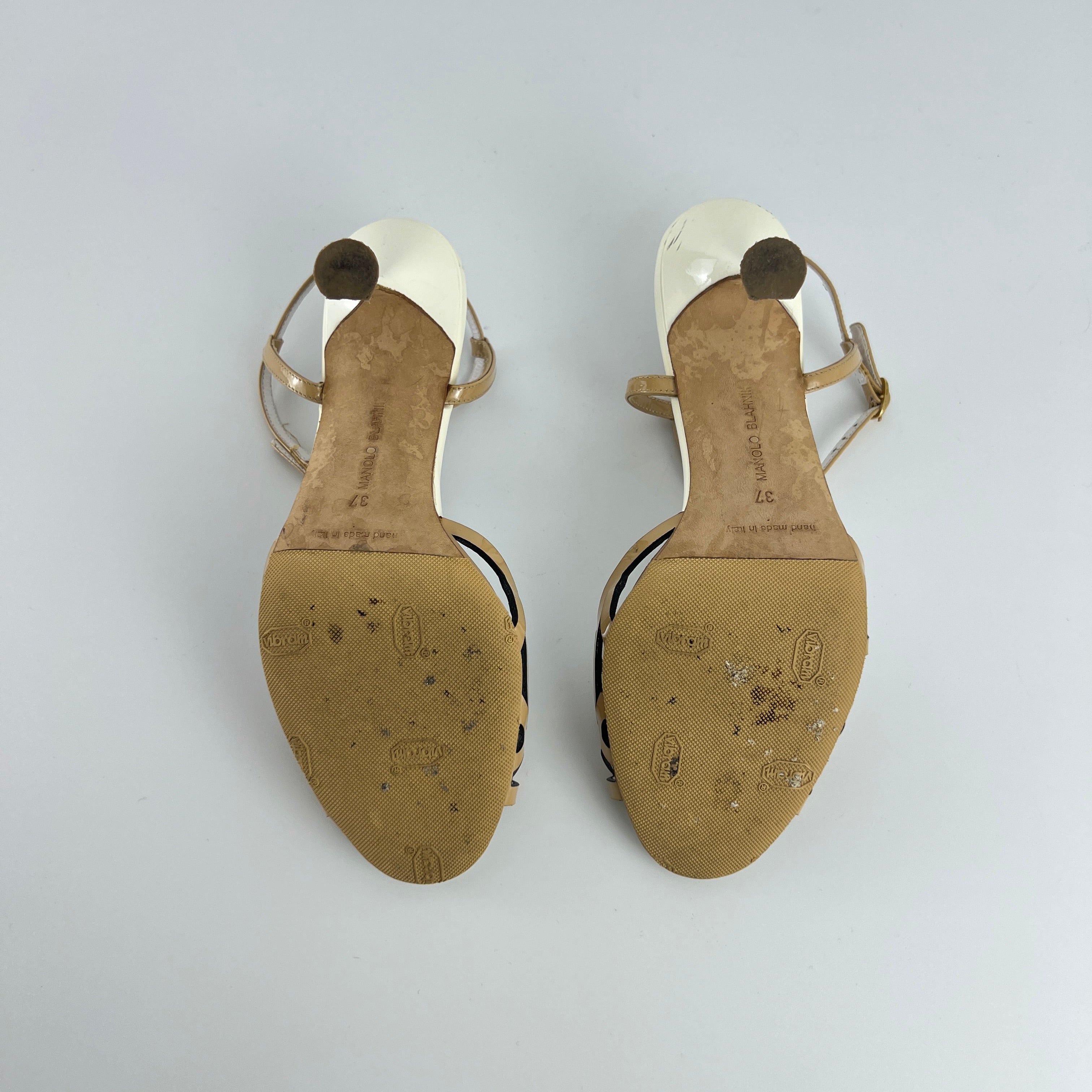 Manolo Blahnik | Nude Tan Leather Ankle Strap White Stiletto Heels (37)