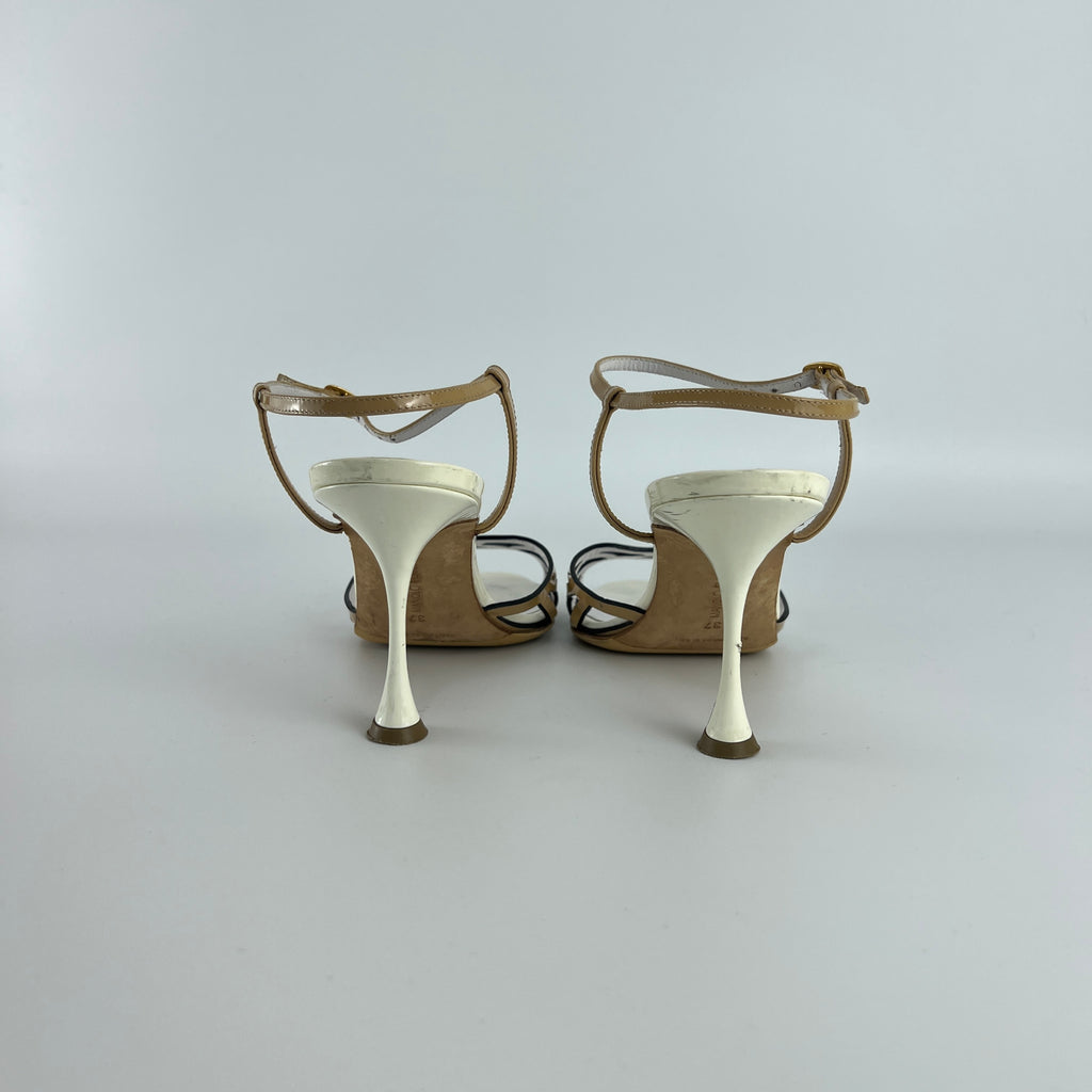 Manolo Blahnik | Nude Tan Leather Ankle Strap White Stiletto Heels (37)