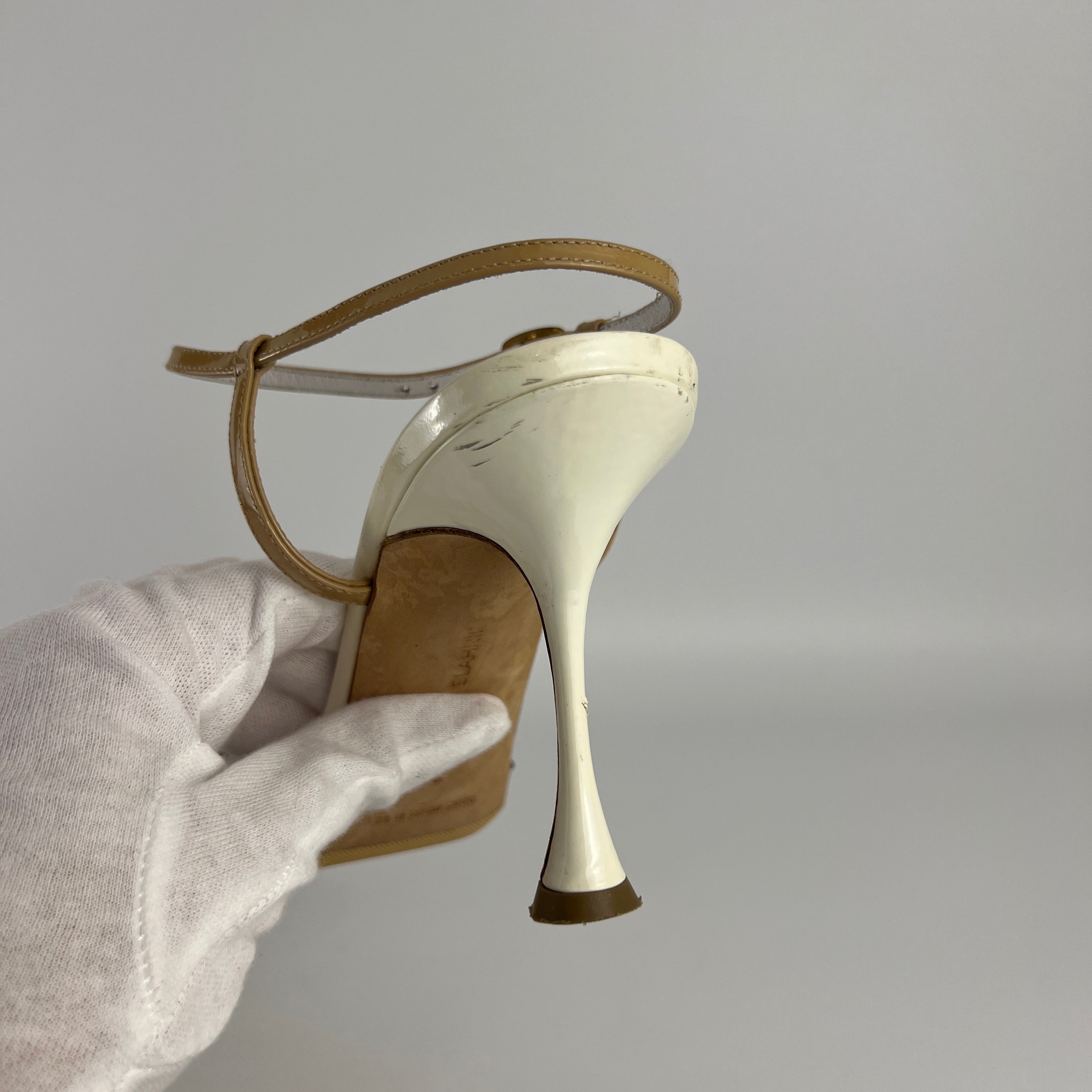Manolo Blahnik | Nude Tan Leather Ankle Strap White Stiletto Heels (37)