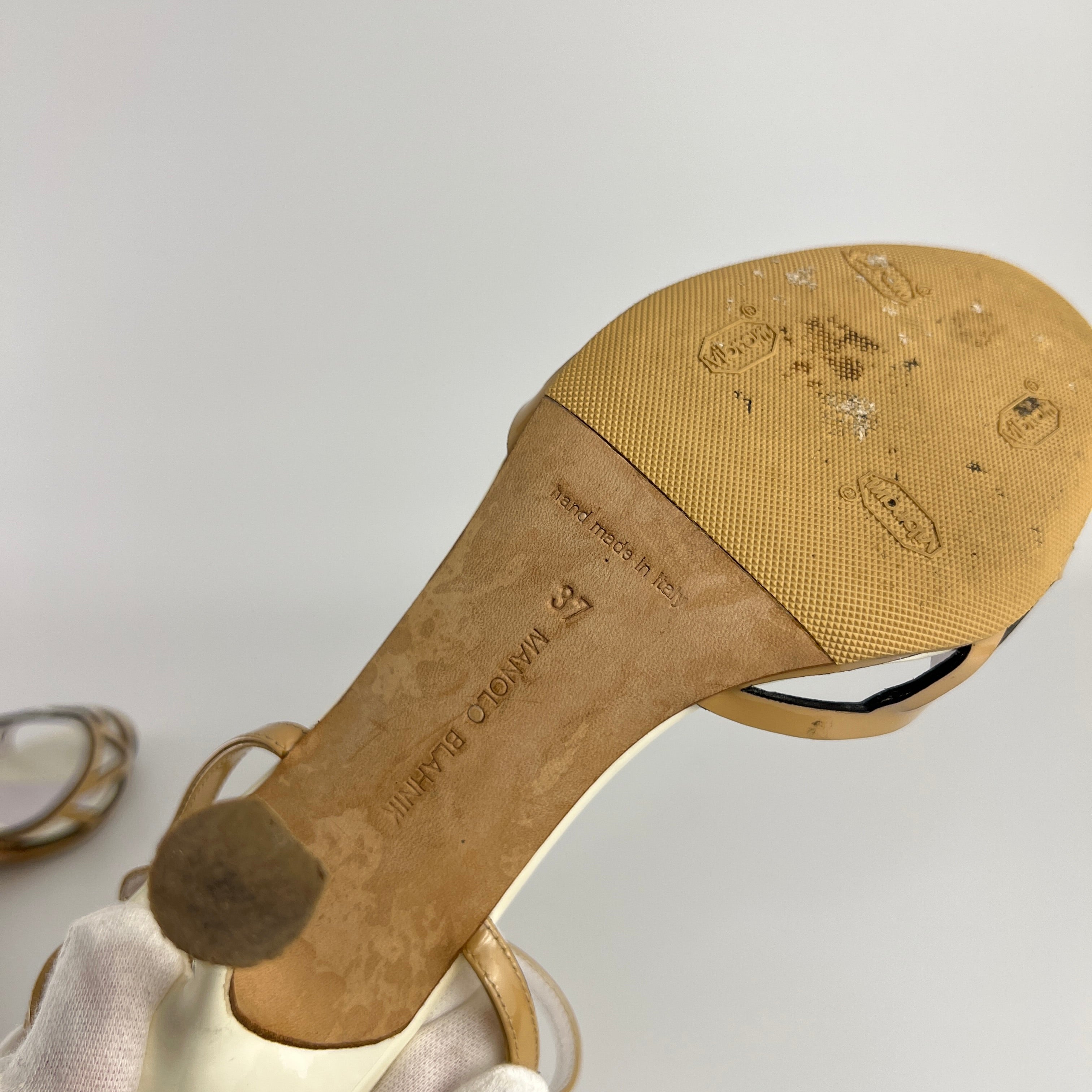 Manolo Blahnik | Nude Tan Leather Ankle Strap White Stiletto Heels (37)