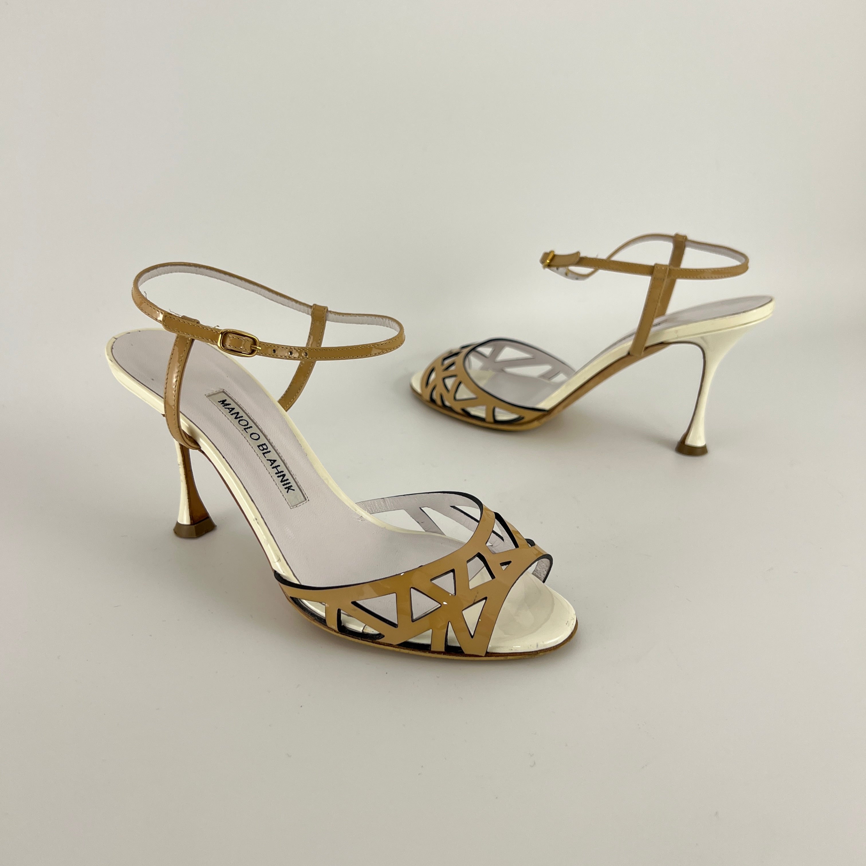 Manolo Blahnik | Nude Tan Leather Ankle Strap White Stiletto Heels (37)
