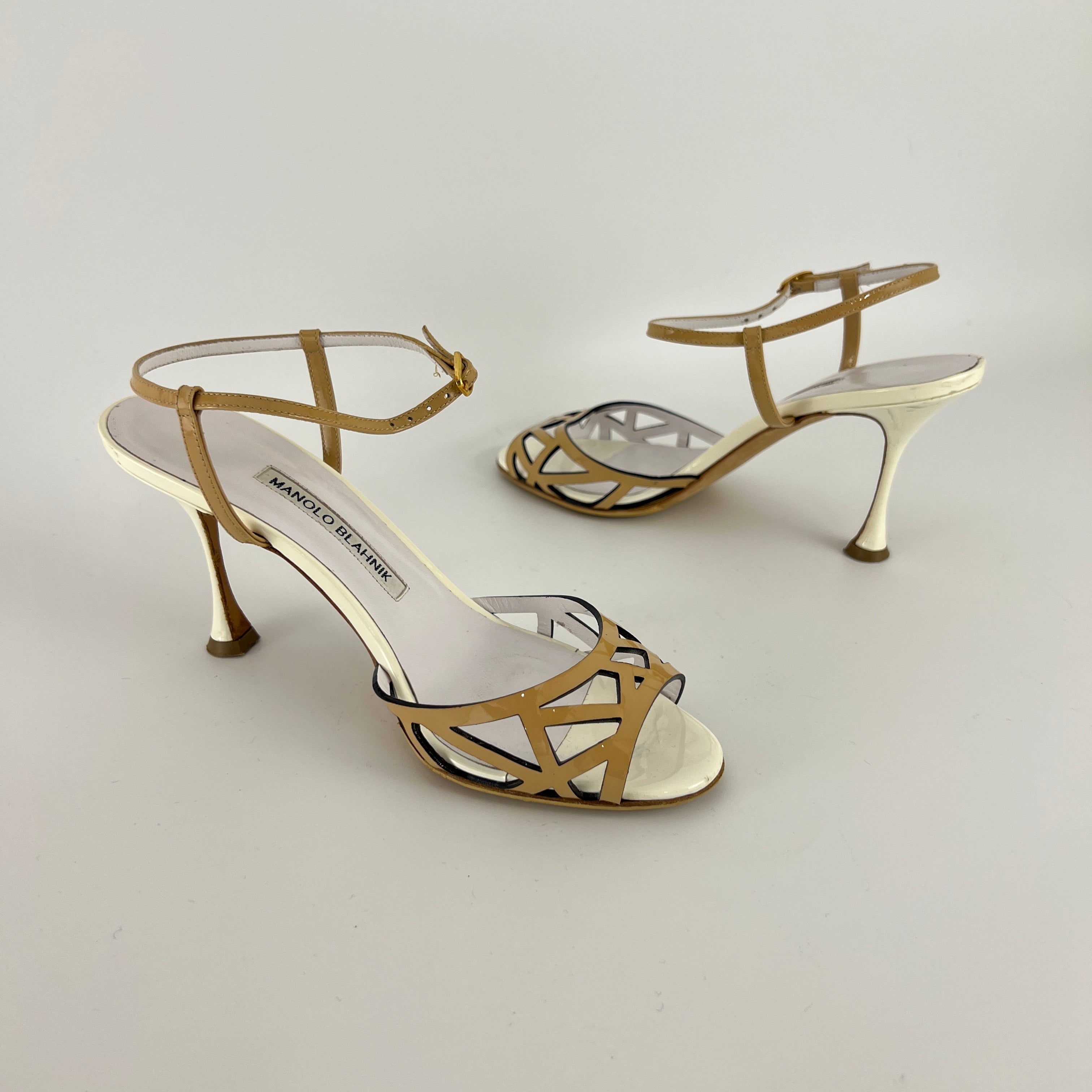Manolo Blahnik | Nude Tan Leather Ankle Strap White Stiletto Heels (37)