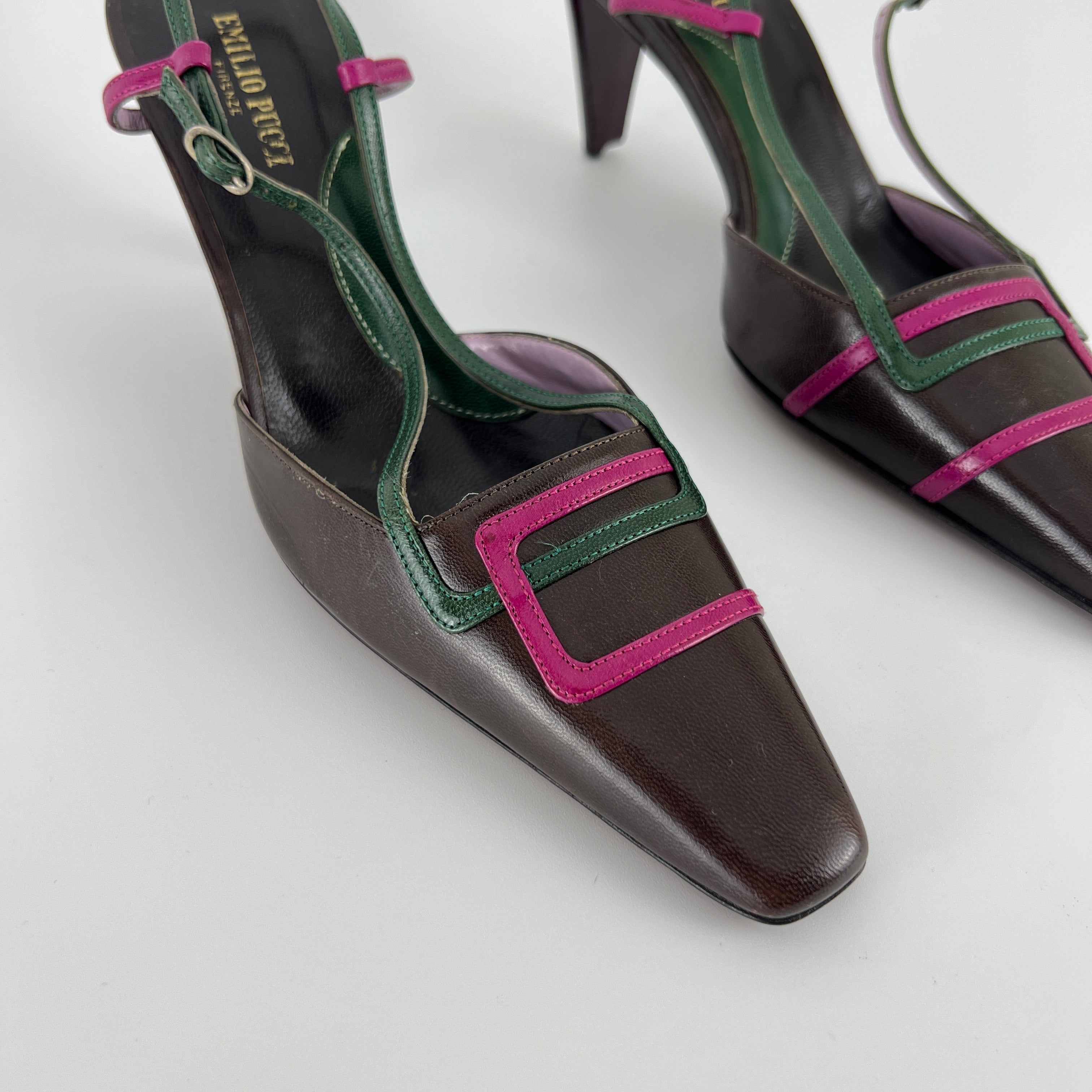 Emilio Pucci | Vintage Brown Leather Pink Green Stripe Pointed Toe Slingback (36.5)