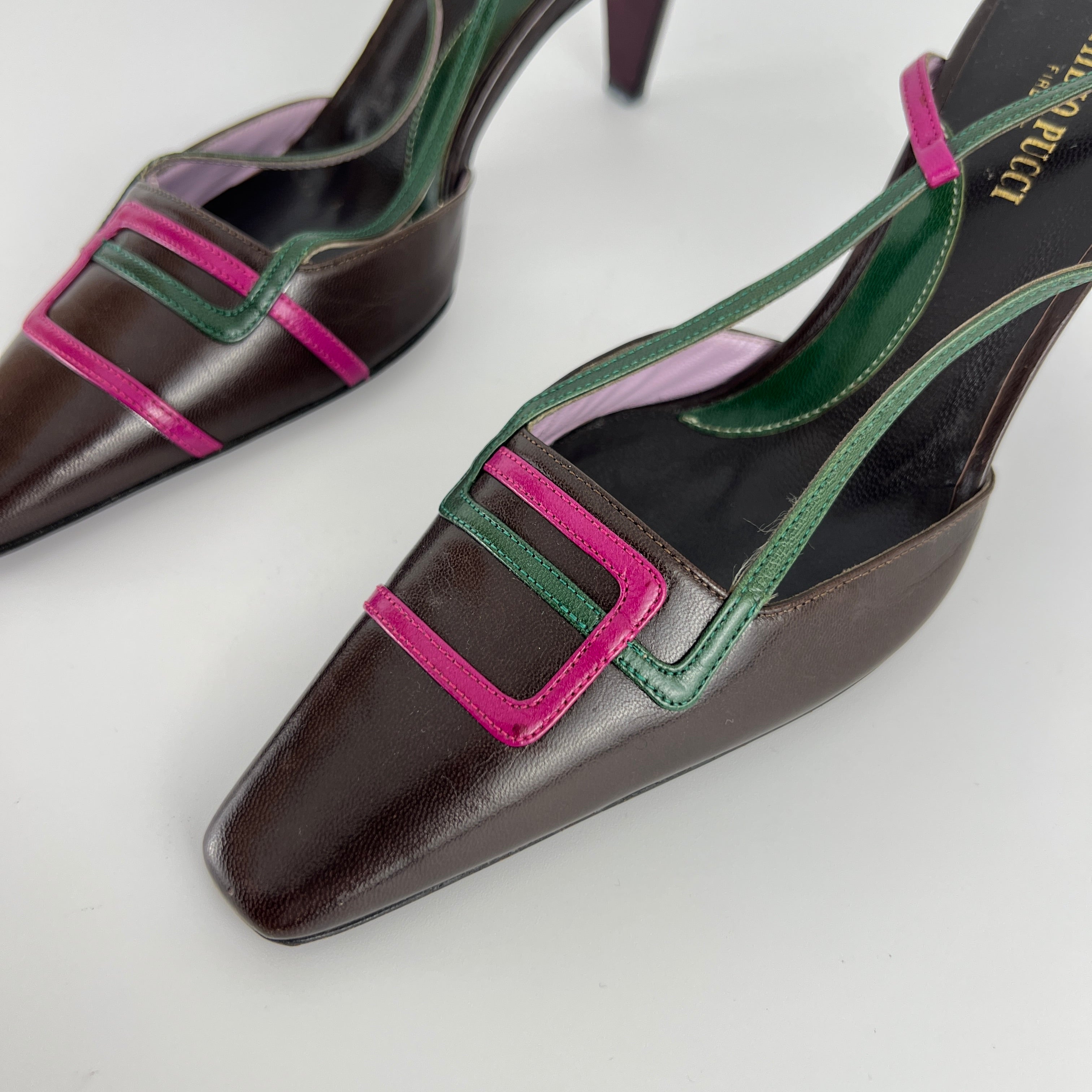 Emilio Pucci | Vintage Brown Leather Pink Green Stripe Pointed Toe Slingback (36.5)