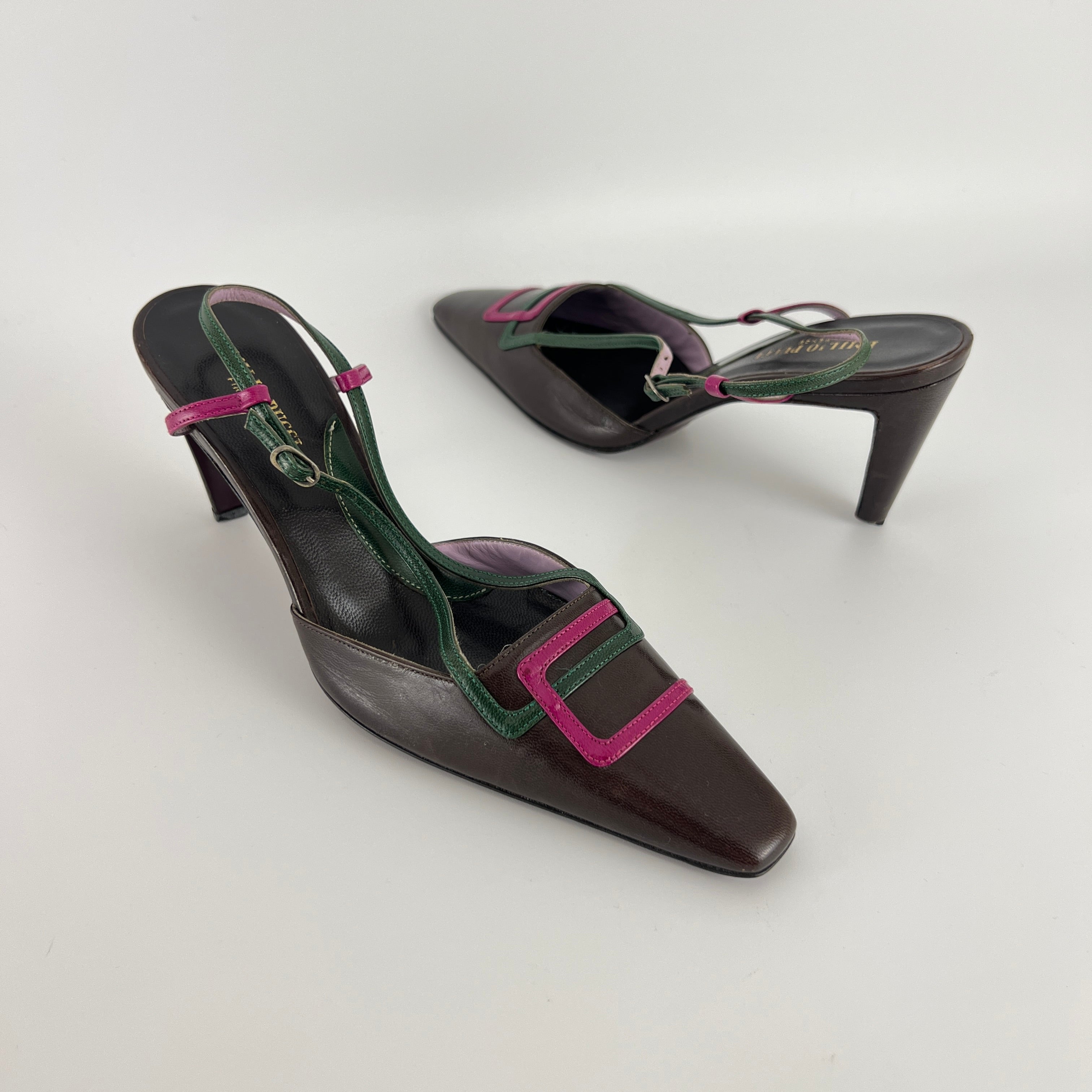 Emilio Pucci | Vintage Brown Leather Pink Green Stripe Pointed Toe Slingback (36.5)