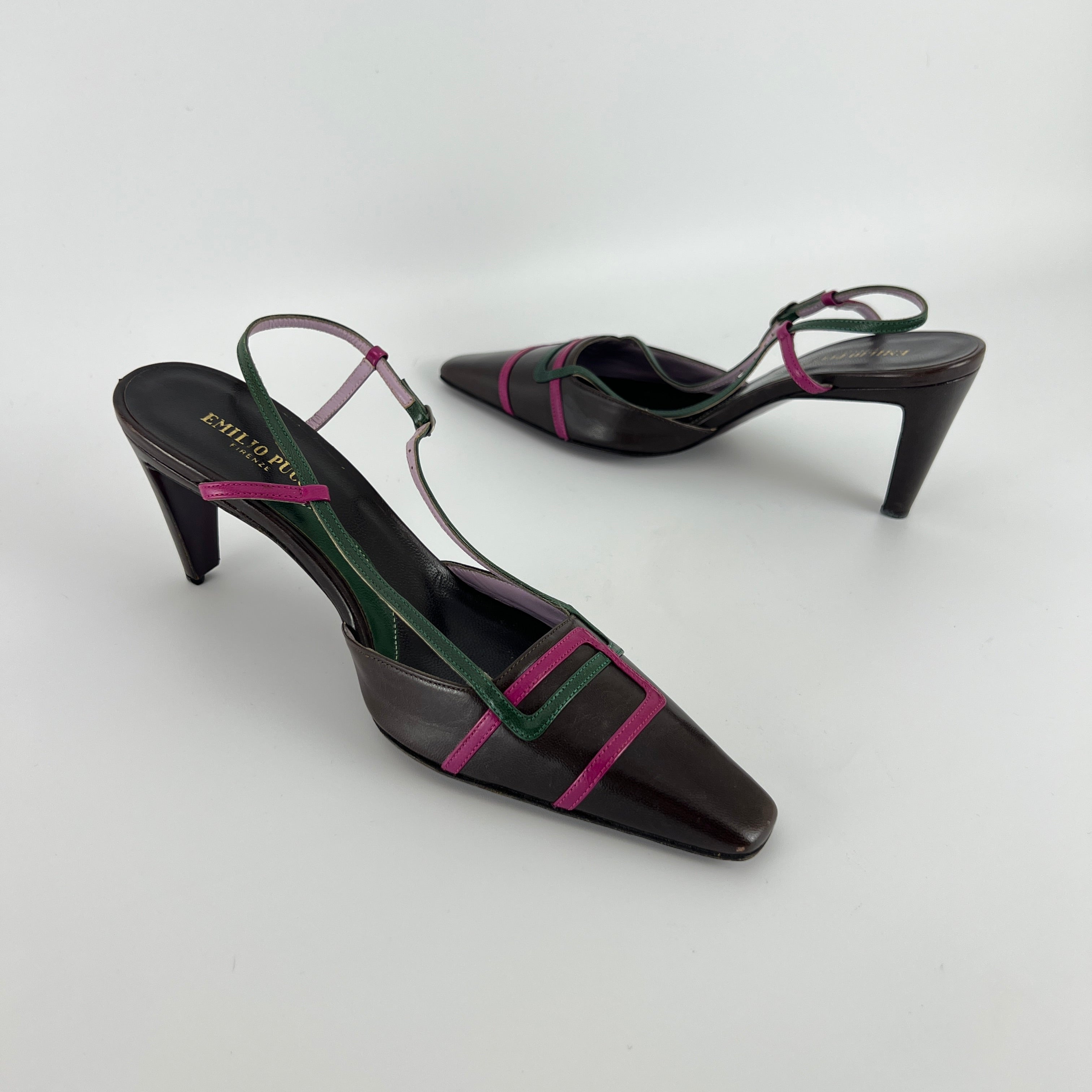Emilio Pucci | Vintage Brown Leather Pink Green Stripe Pointed Toe Slingback (36.5)